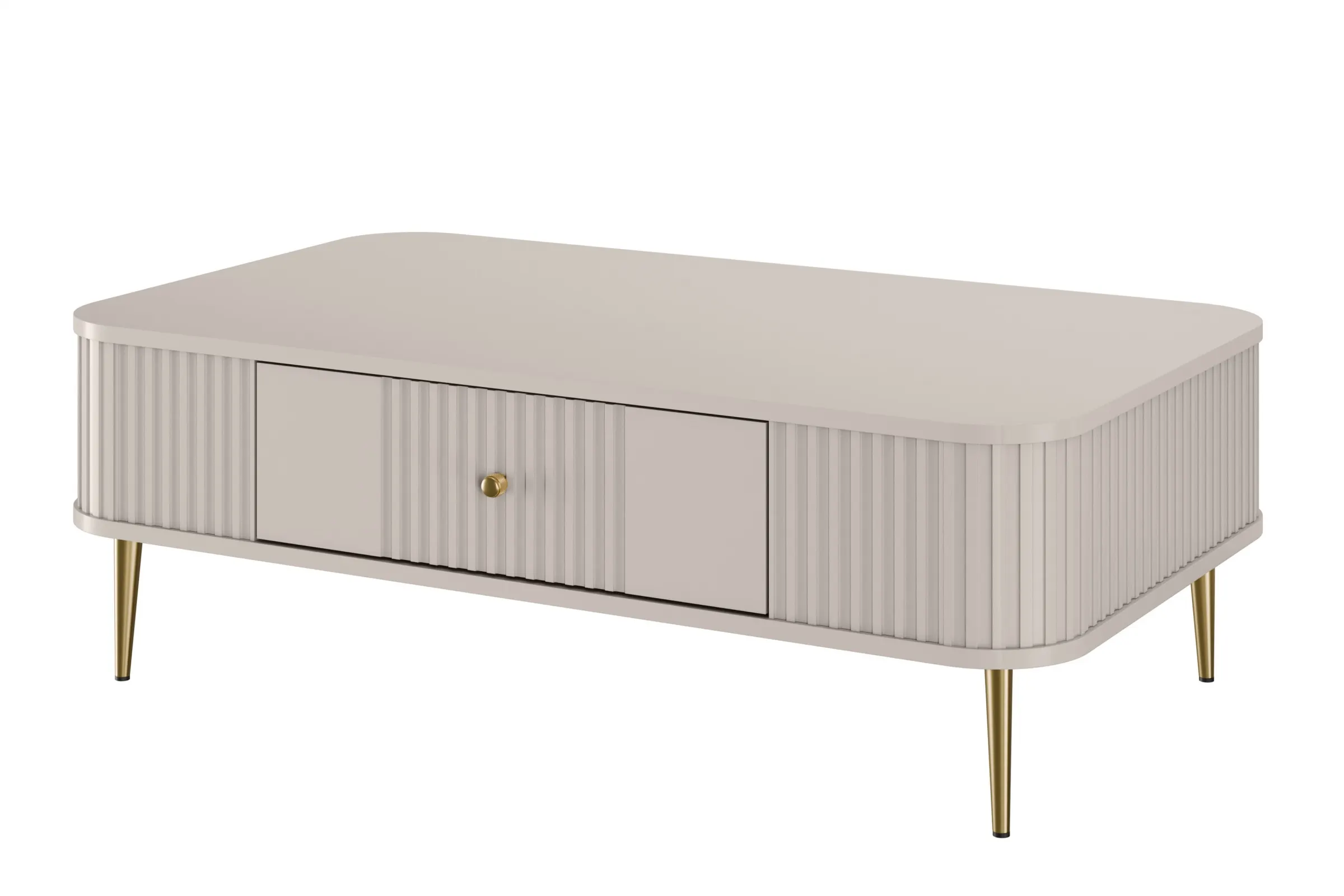 Stolik kawowy z szufladą VESPER 103 ryflowany front cashmere złote nogi