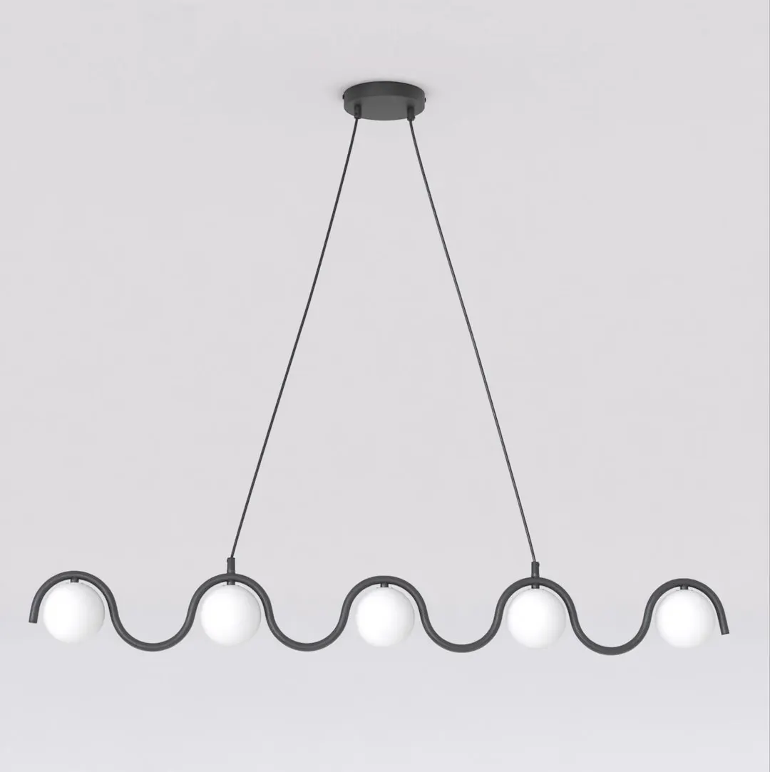 lampa wisząca, kinkiet, okrągłe kule, metalowy drut, linia falista