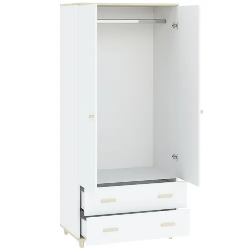 Szafa 2-drzwiowa z 2 szufladami i drążkiem GOODY drewniane uchwyty i nóżki biały akacja - INT_5002812