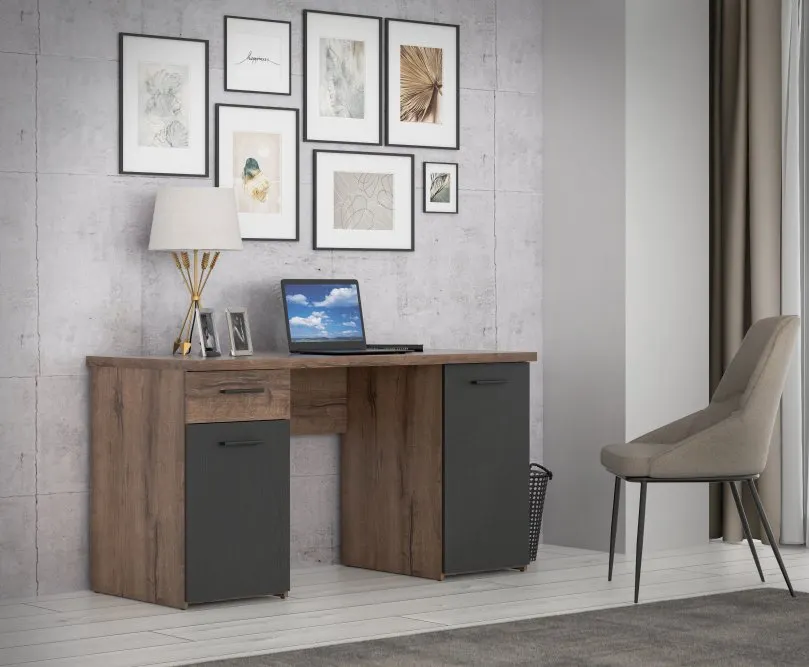 Biurko TOKIO z 2 szafkami i szufladą - dąb, czarny - TOKB221-N09