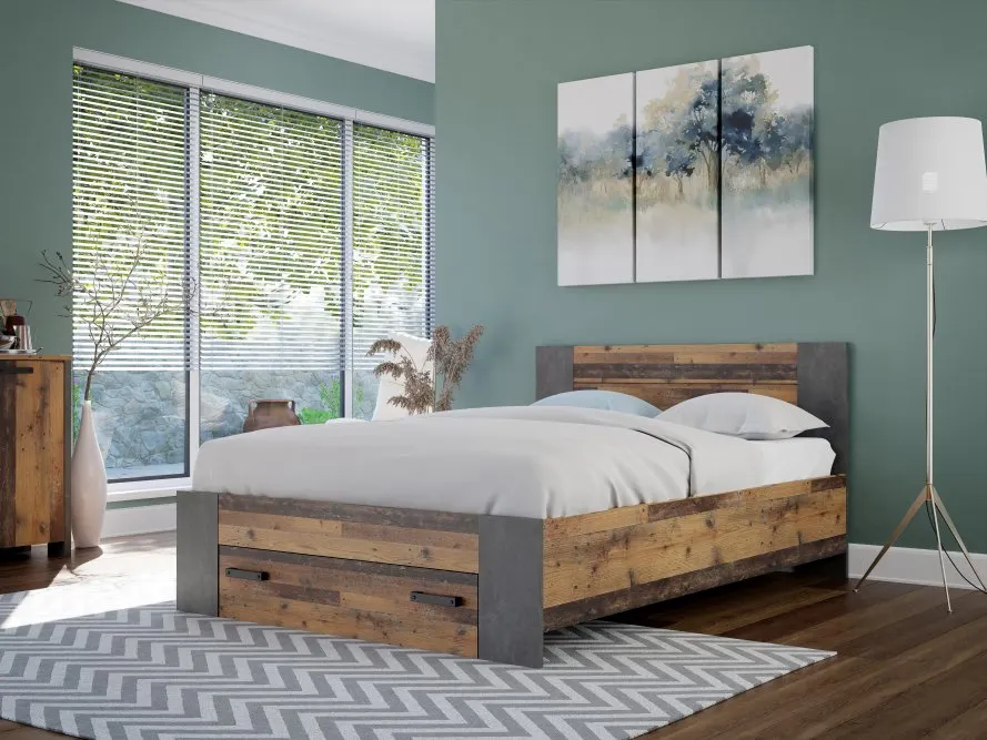 Łóżko z zagłówkiem CLIF 140x200 - old wood vintage, beton - CLFL1141-C546