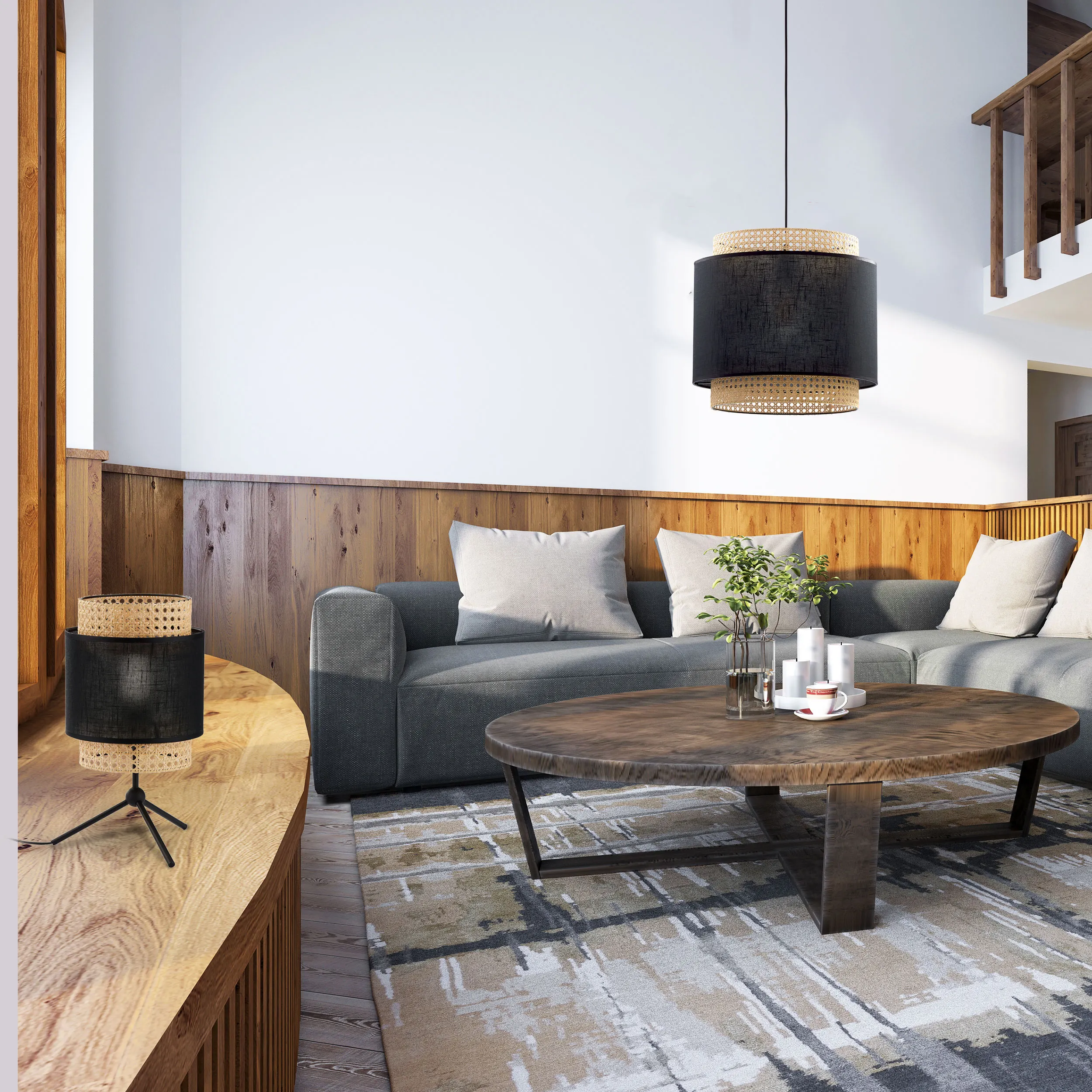 Lampa wisząca BOHO czarna podstawa przewód i część klosza z tkaniny wewnątrz rattan 175x38cm - TK_6542