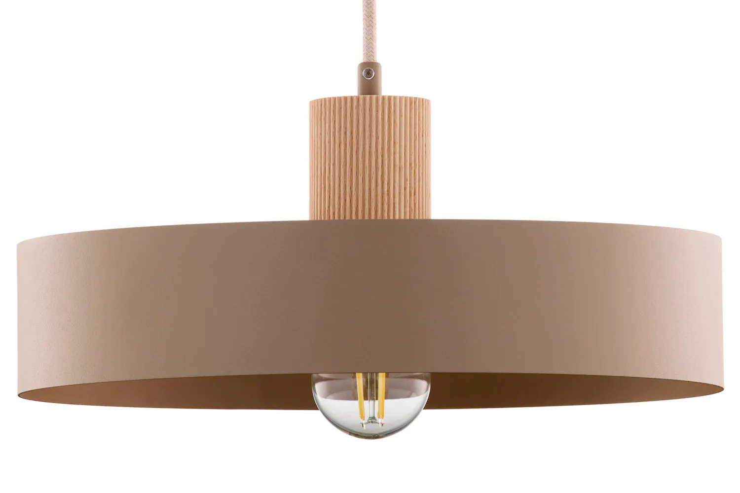 lampa wisząca, abażur okrągły, drewniana konstrukcja, żarówka LED, kolor beżowy