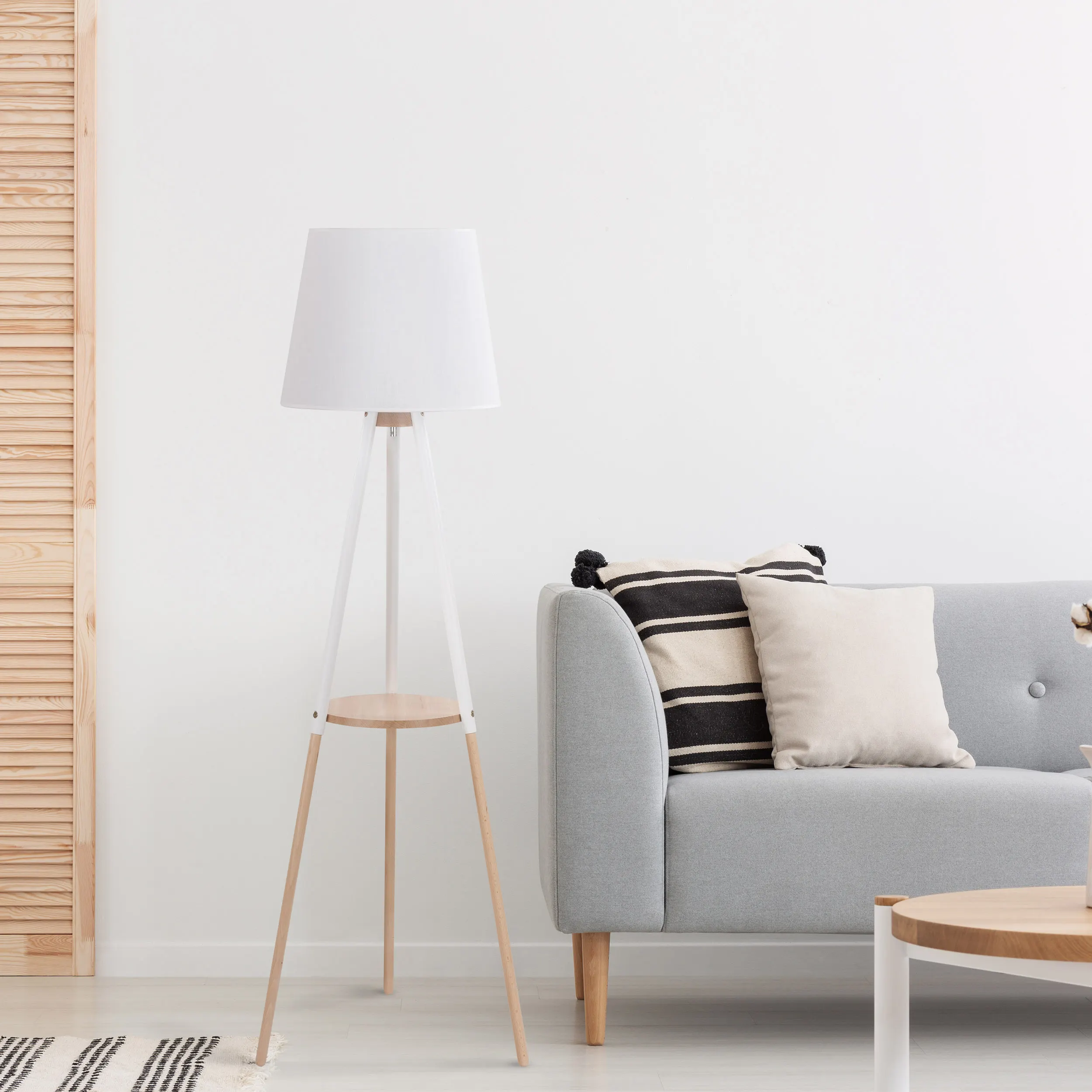 Lampa podłogowa VAIO białą z drewnianymi elementami 156x49x43cm - TK_698