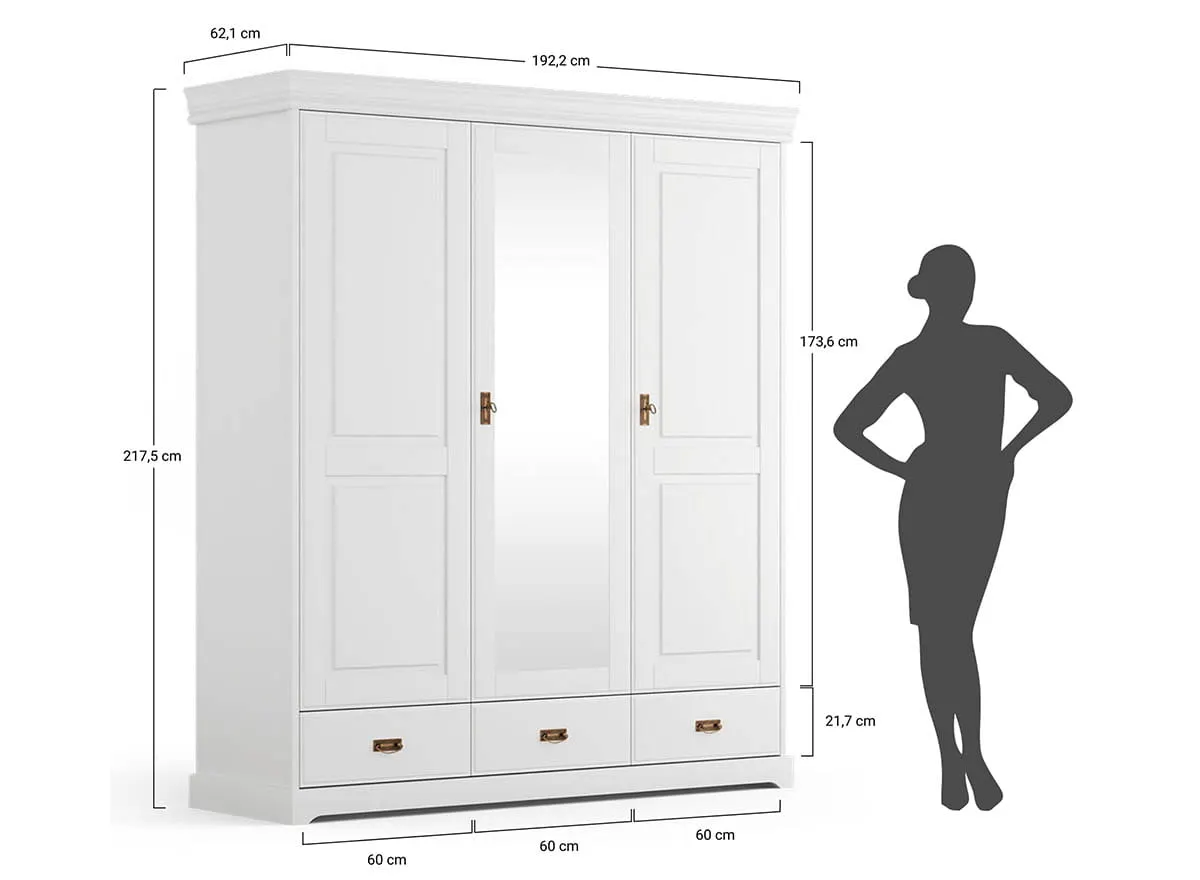 Szafa 3-drzwiowa z lustrem sosnowa Toskania Kolor: biały, bejca - PL2017BS