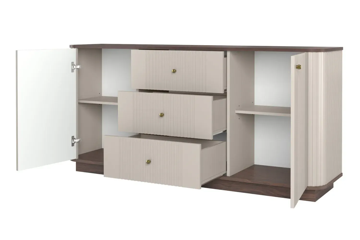 Komoda 2-drzwiowa z 3 szufladami VESPER 160 ryflowany front - cashmere orzech złote uchwyty cokół - B_169439