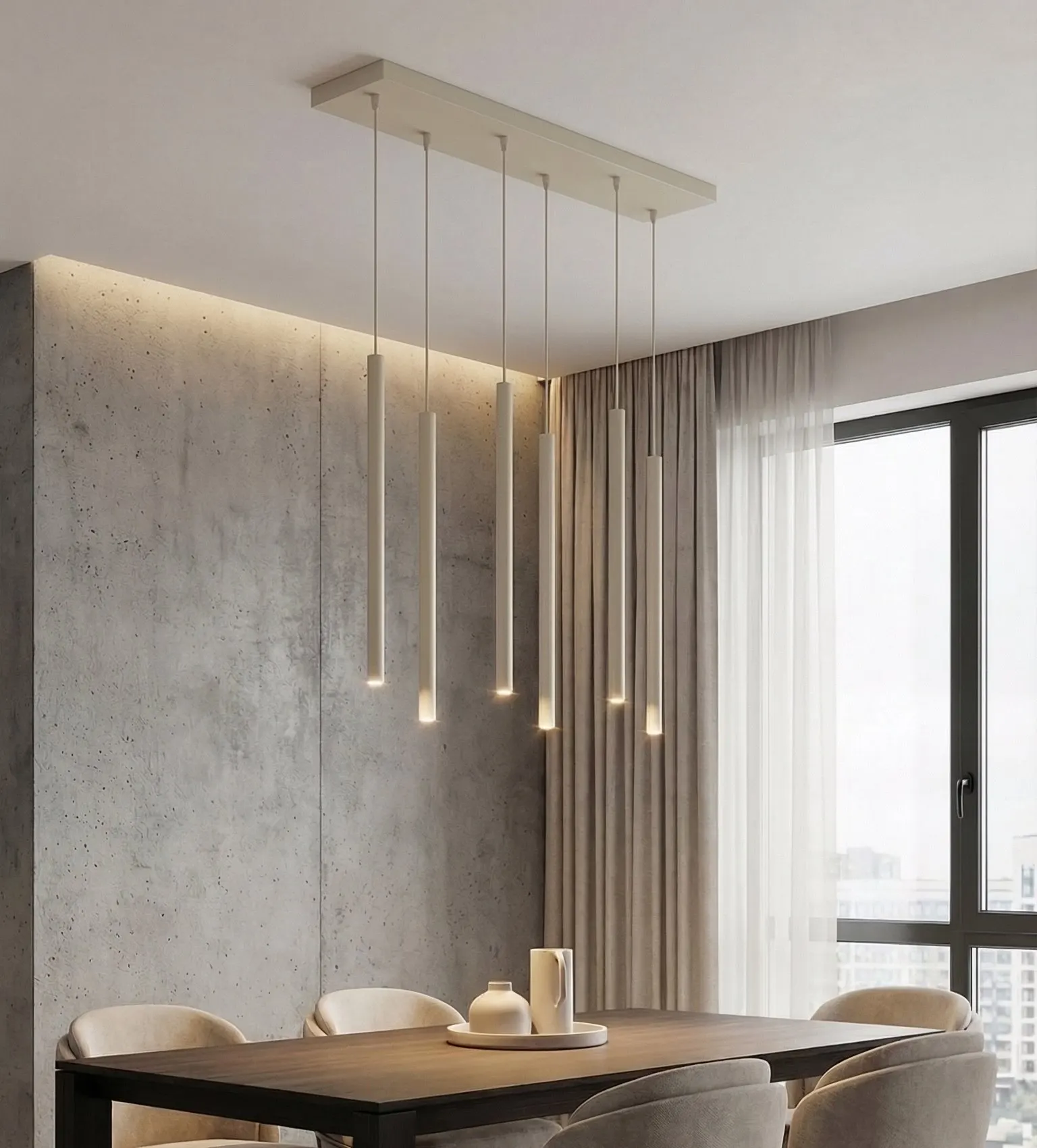 lampa wisząca, pendant light, oświetlenie, stół drewniany, krzesła tapicerowane