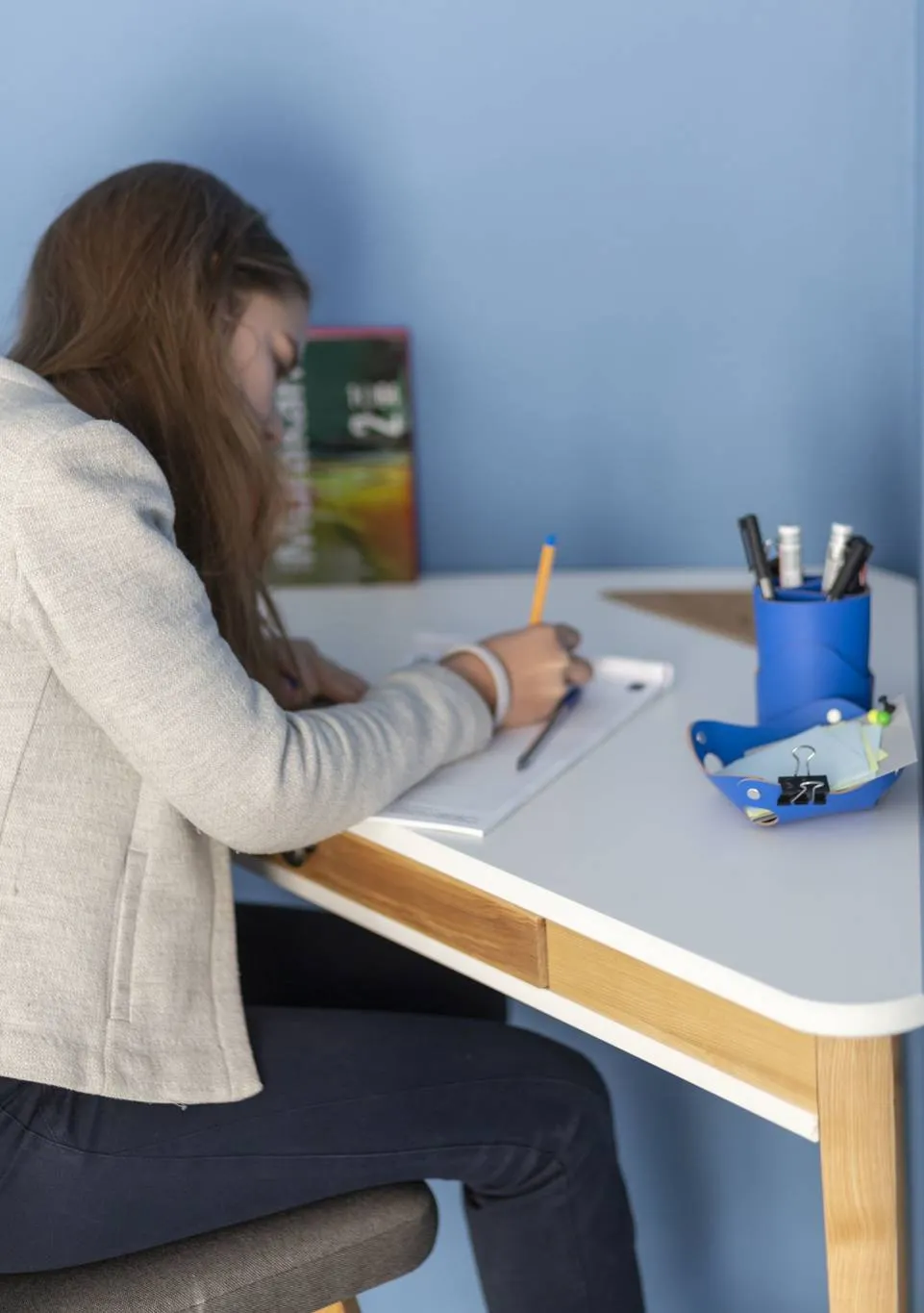 Biurko narożne z szufladą ASHME 114x85 miętowy blat/jesionowe nogi - NRAGABAACD11