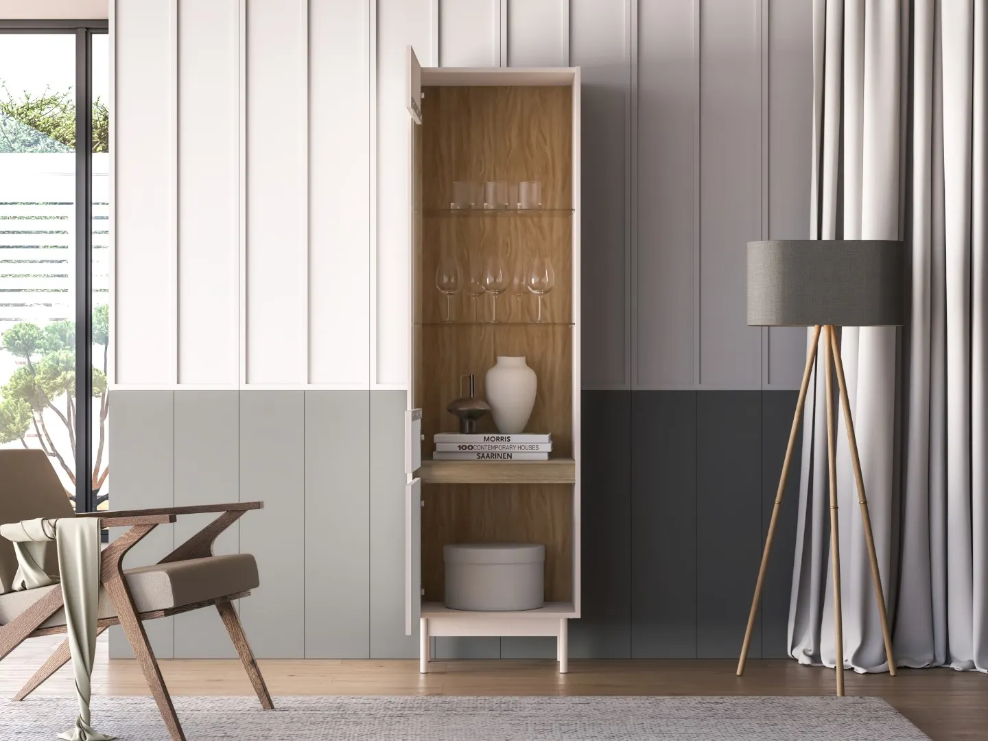 Witryna szklana 2-drzwiowa DUNEA 196x55 ryflowana kaszmir - dąb cremona - 1DUNE02-001