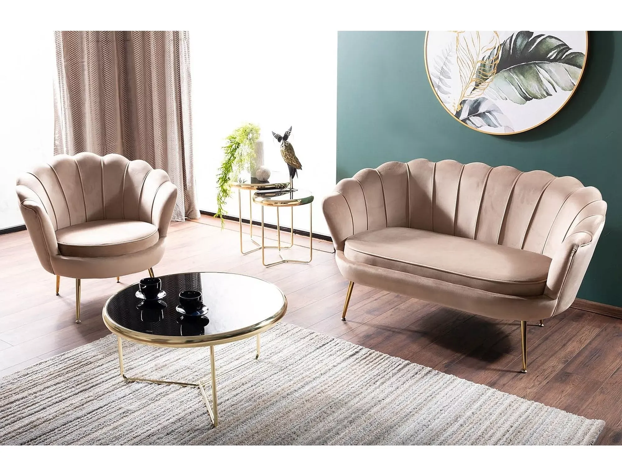 Sofa dwuosobowa CAMELLIA 2 VELVET Bluvel 28 beżowy złoty - CAMELLIAV2BEZL