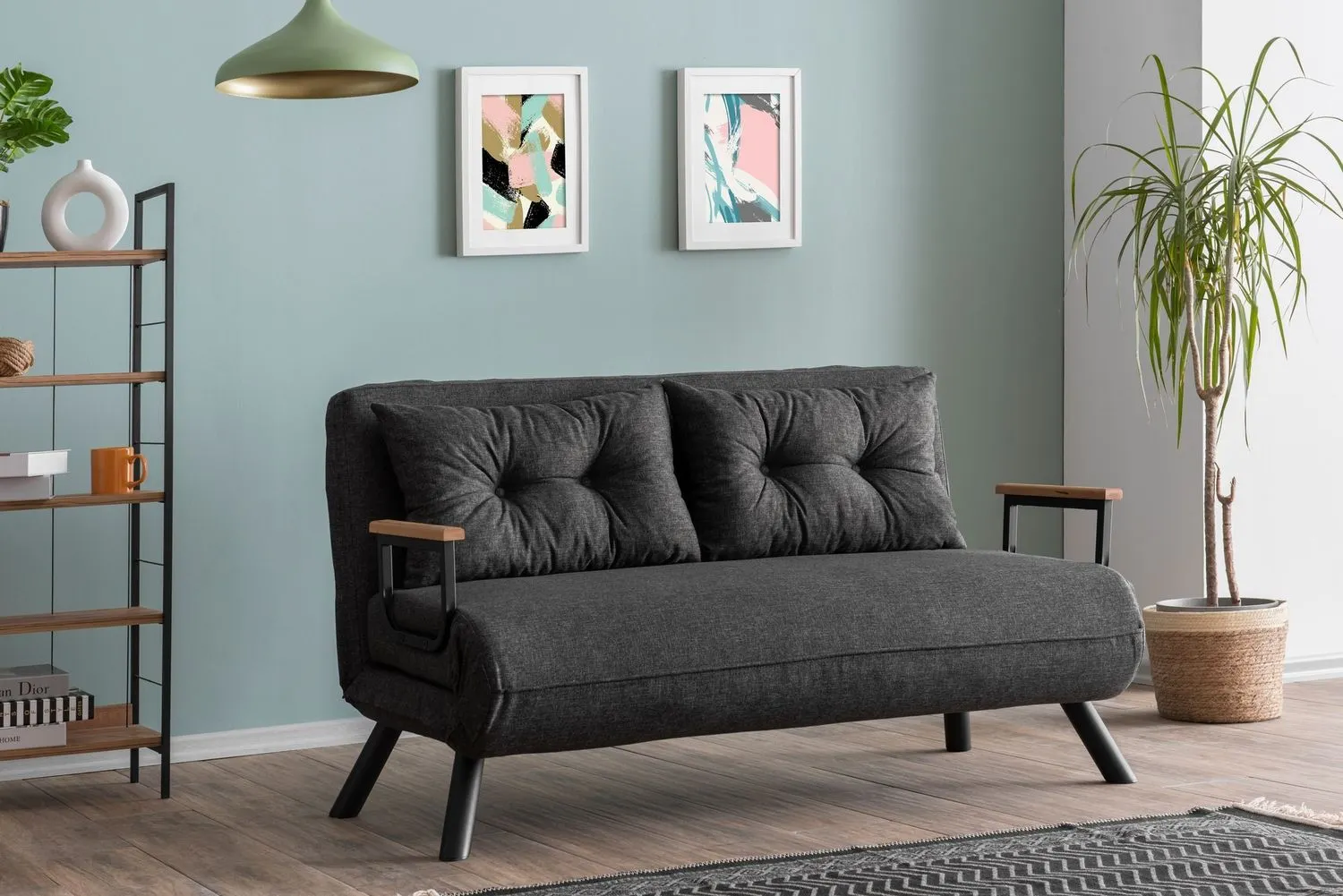 Sofa rozkładana 2-osobowa z lnianą tapicerką SANDO ciemnoszara — zdjęcie 7