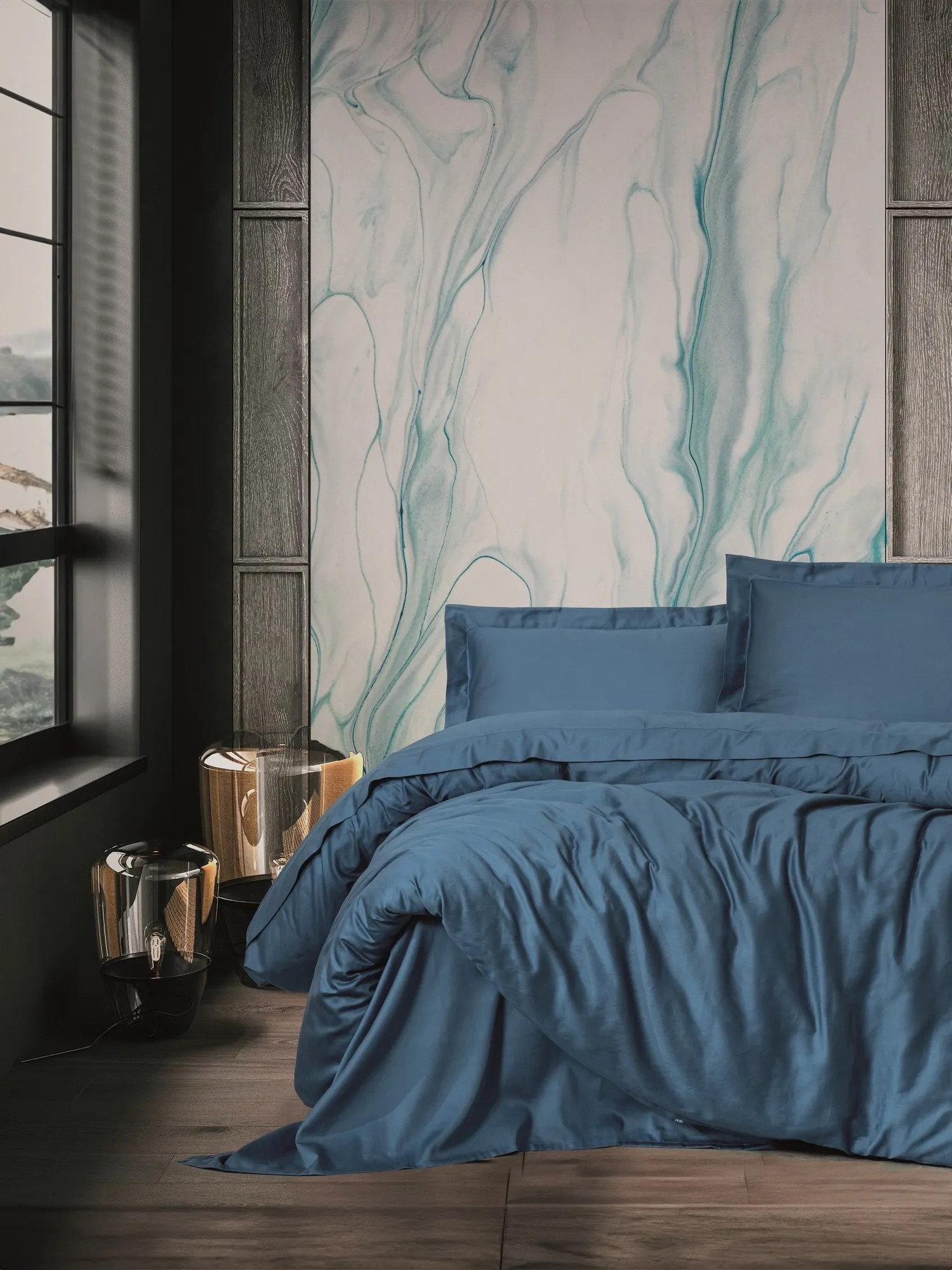 Komplet pościeli satynowej ELEGANT 200x220 poszewka 2 szt. 50x70 niebieski