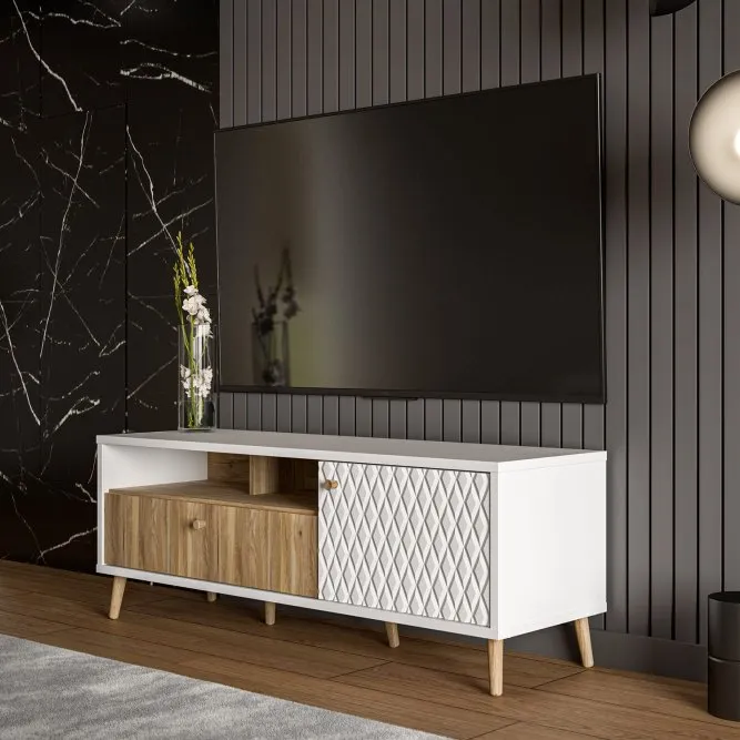 Szafka RTV AKSANA P 1-drzwiowa z szufladą - dąb mauvella, biały - AKNT121R-M992