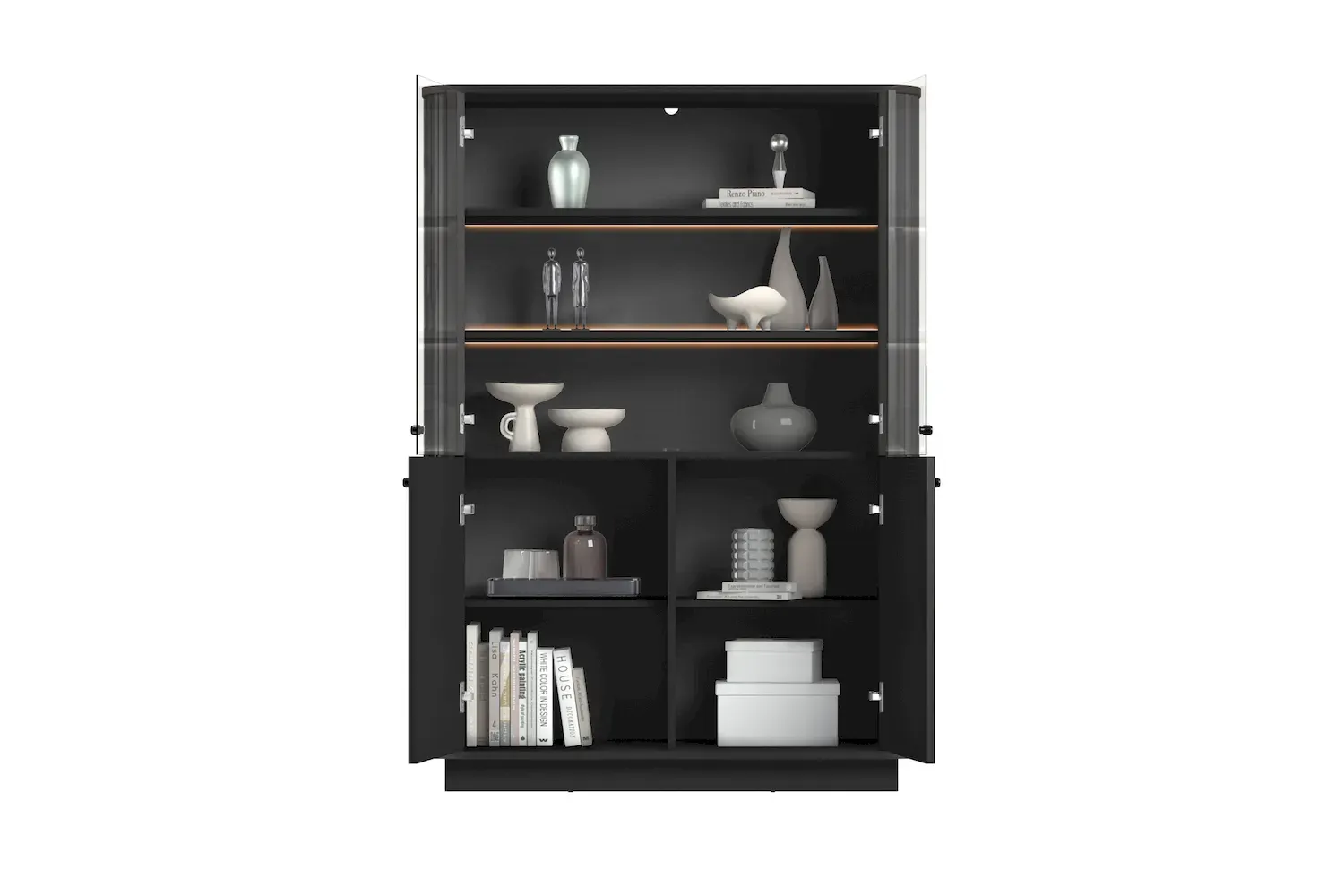 Witryna 4-drzwiowa VESPER z oświetleniem ryflowany front - czarny czarne uchwyty cokół - B_169480