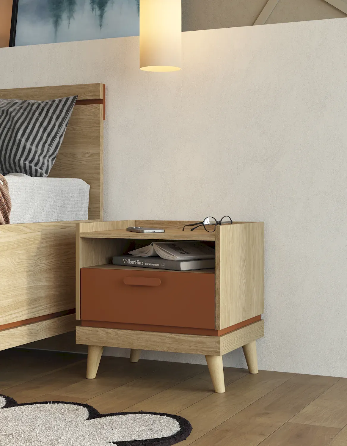 Szafka nocna z 1 szufladą SCANDI 22 dąb olejowany ceglany - 24D5OH22