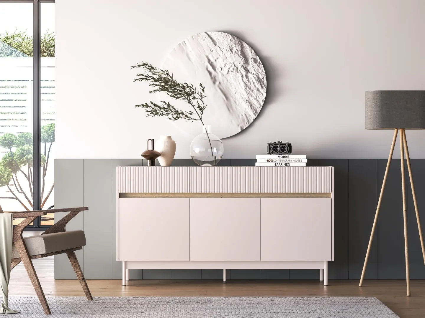 Komoda 3-drzwiowa z szufladami DUNEA 154x85 ryflowana kaszmir - dąb cremona
