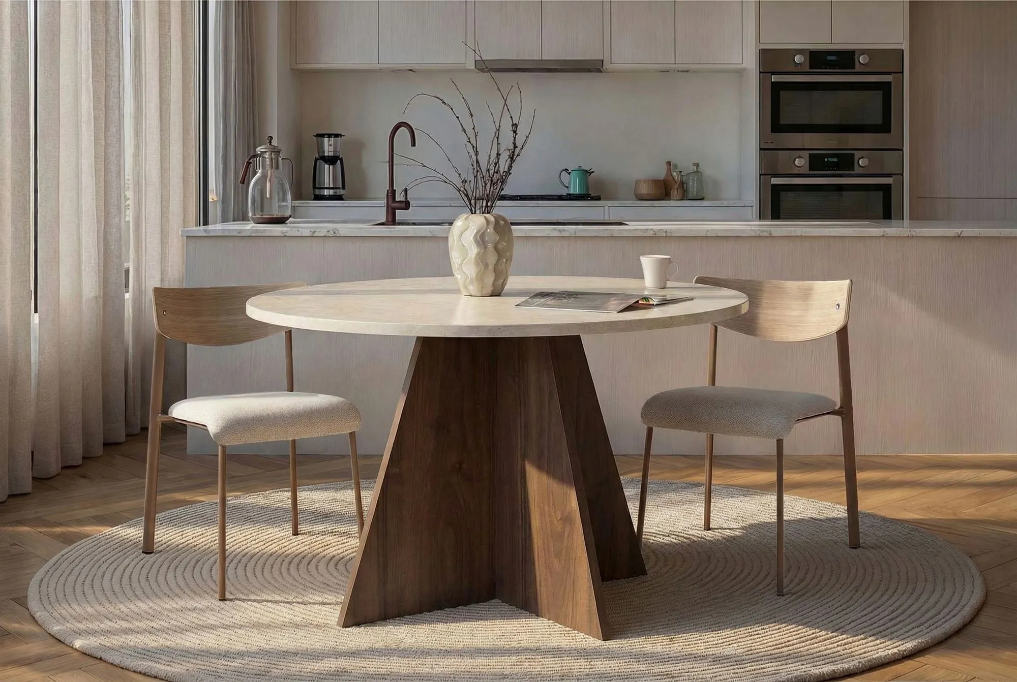 kitchen, round wooden table, round table, upholstered chairs, vintage interior
