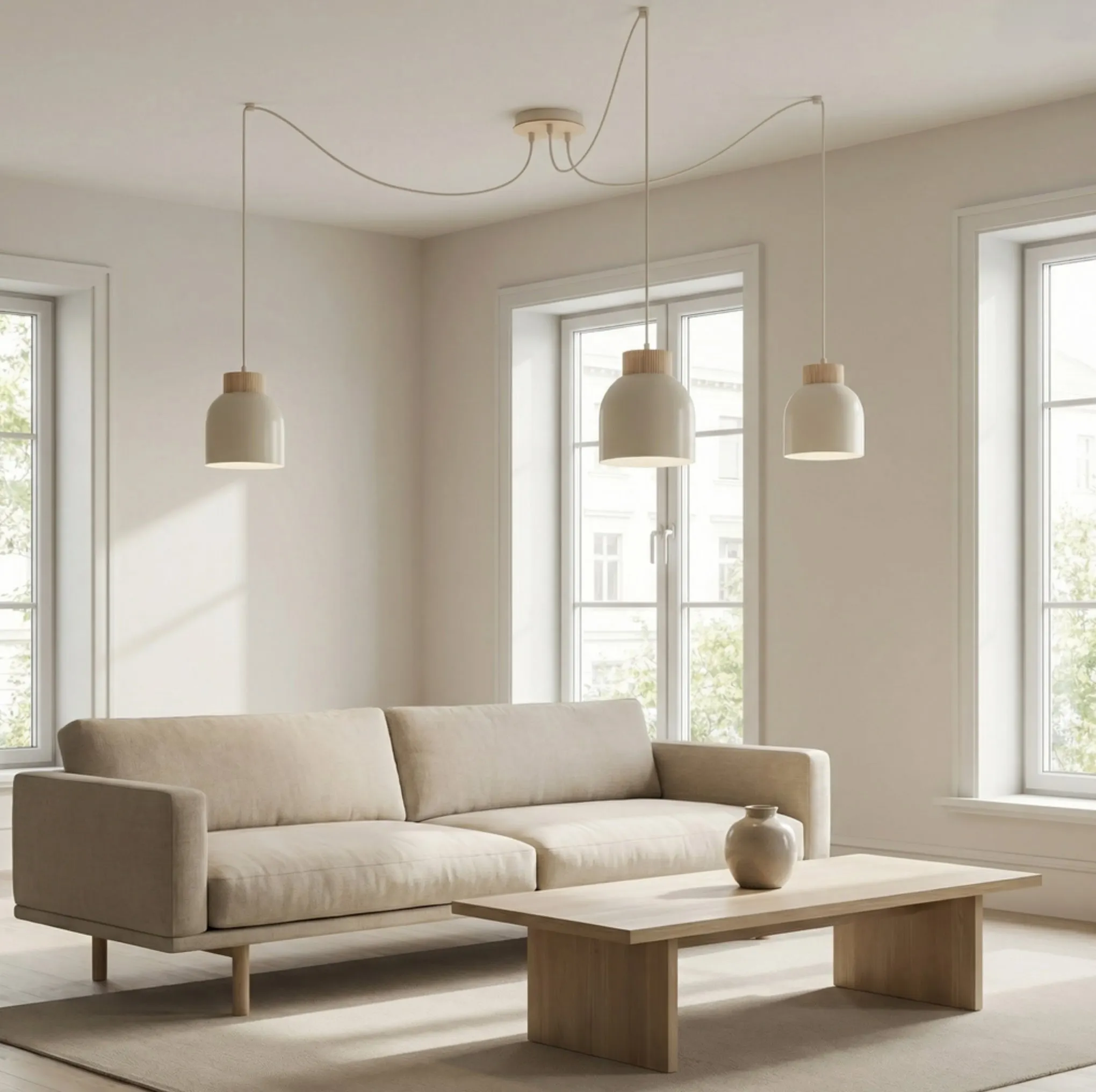 image sofa, living room, coffee table, pendant lights, neutral decor