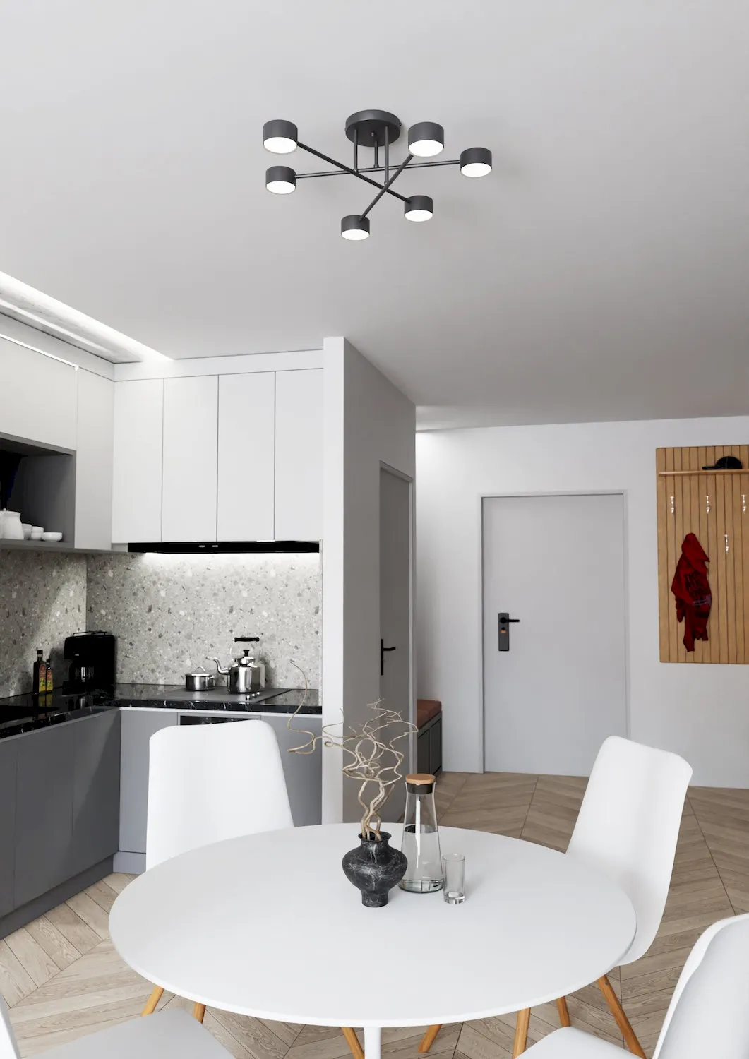 lampa sufitowa, nowoczesny salon, kuchnia, stół okrągły, krzesła białe