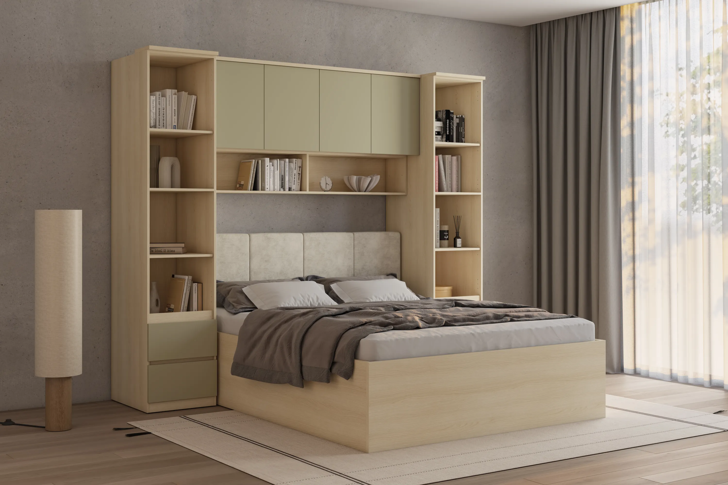 image łóżko, meblozabudowa, półki, drewniane, szafa wbudowana