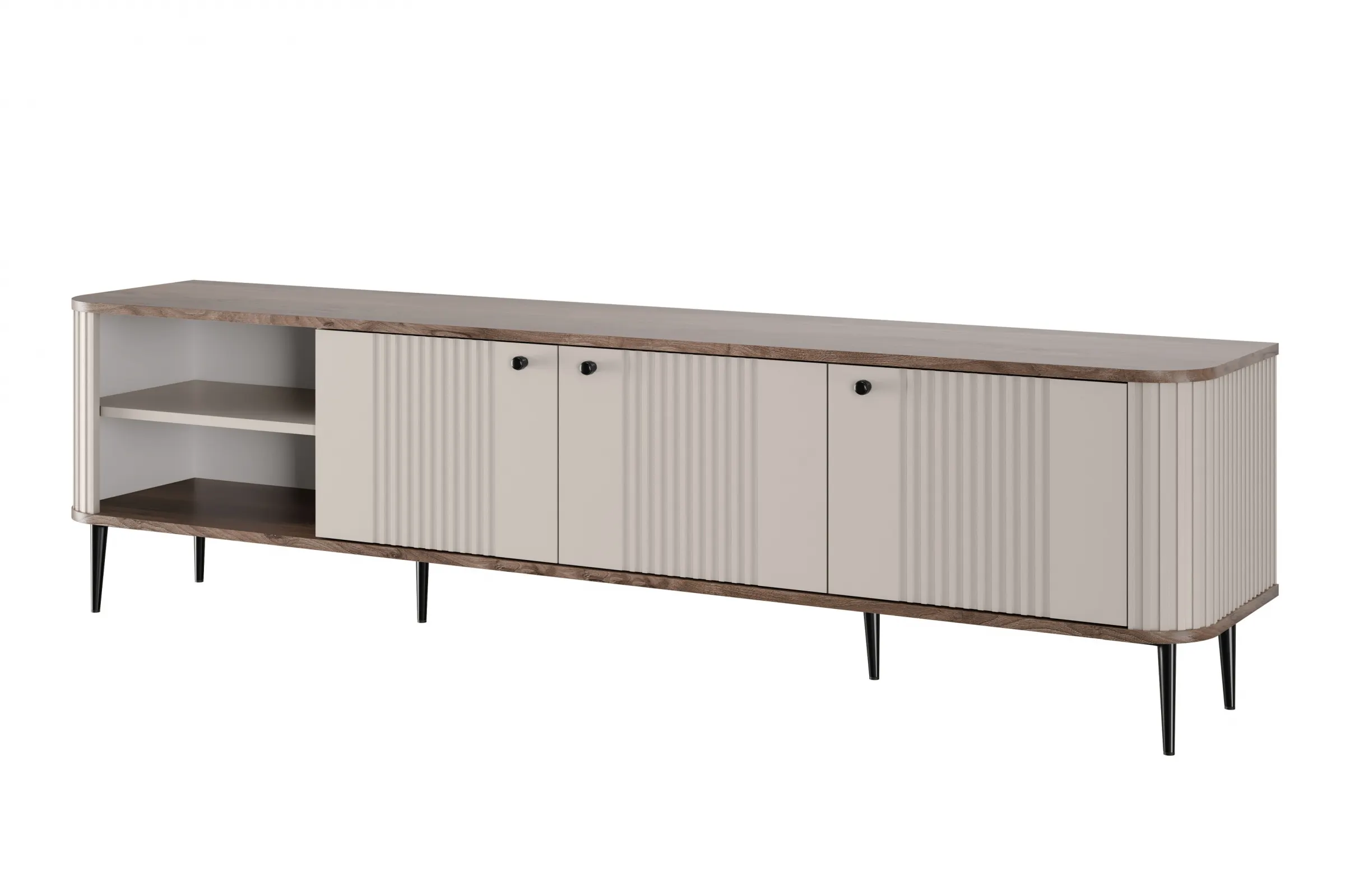 Szafka RTV 3-drzwiowa VESPER RTV 187 ryflowany front cashmere orzech czarne nogi Meble, Kredens, Szafka