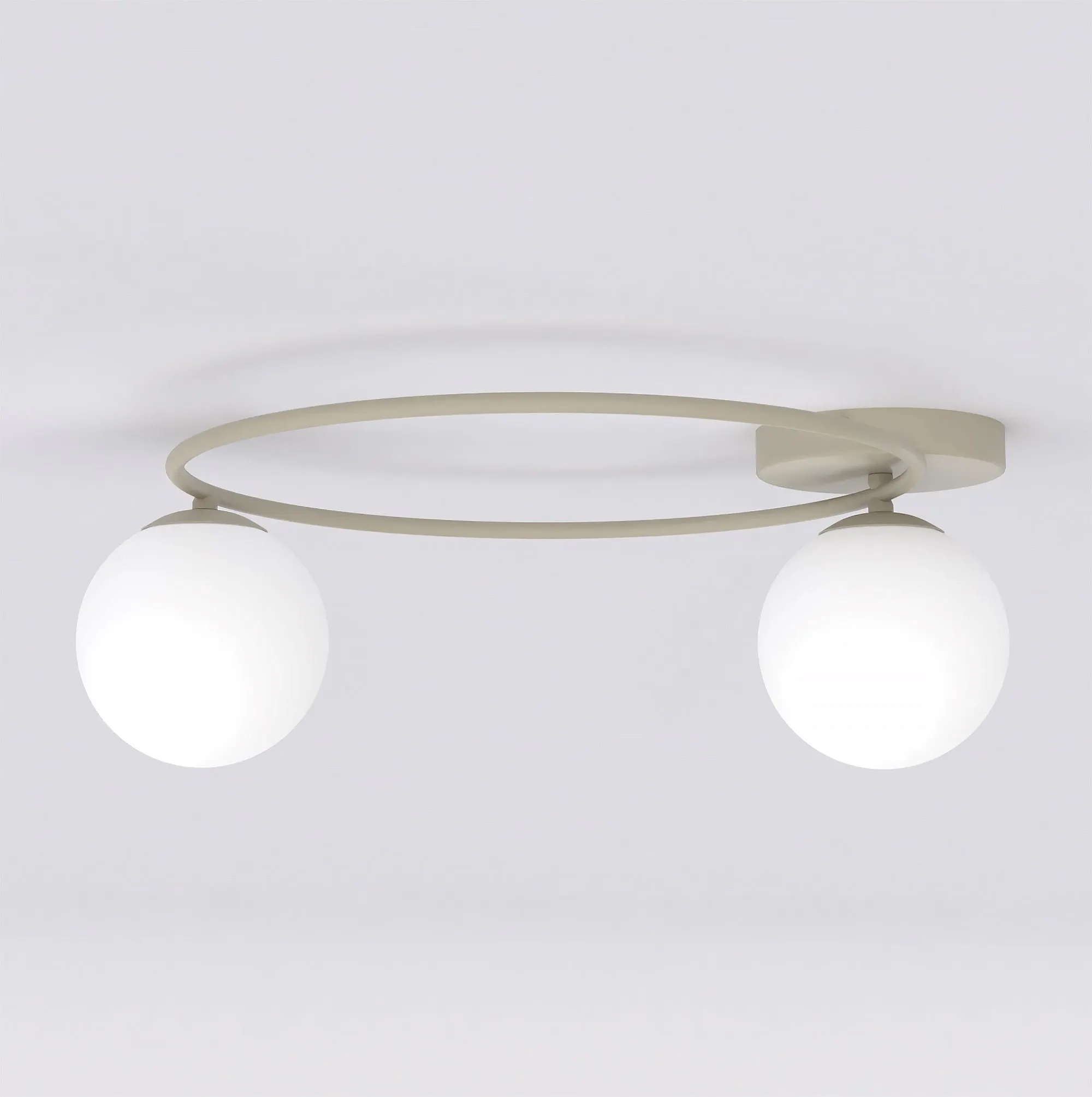 image lampa sufitowa, podwieszana lampa, dwie kule, biała oprawa, metalowa konstrukcja
