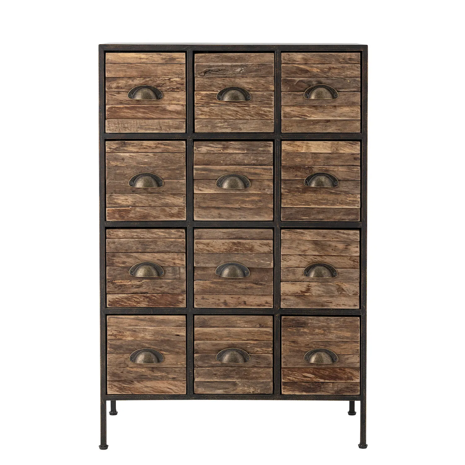 drewniane szuflady, szafka komoda, metalowa rama, 24 szuflad, industrialny design