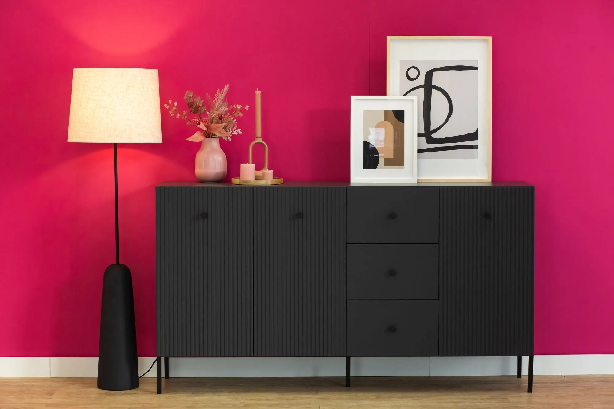 Komoda 3-drzwiowa z 3 szufladami VIENA ryflowany front antracyt - INT_5003203