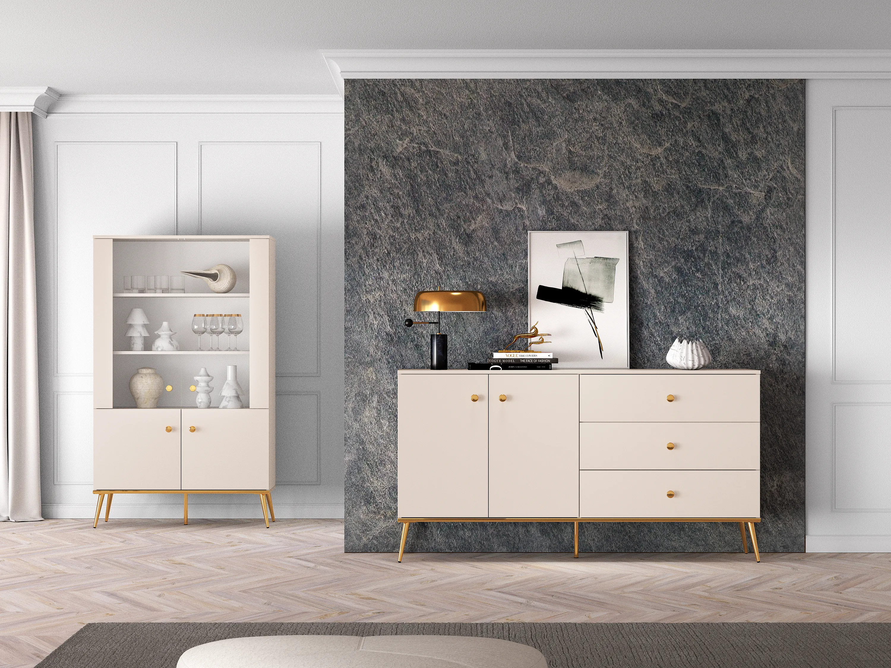 Komoda 2-drzwiowa z 3 szufladami SELGIN 03 kaszmirowy, złoty - 1SELG03-001