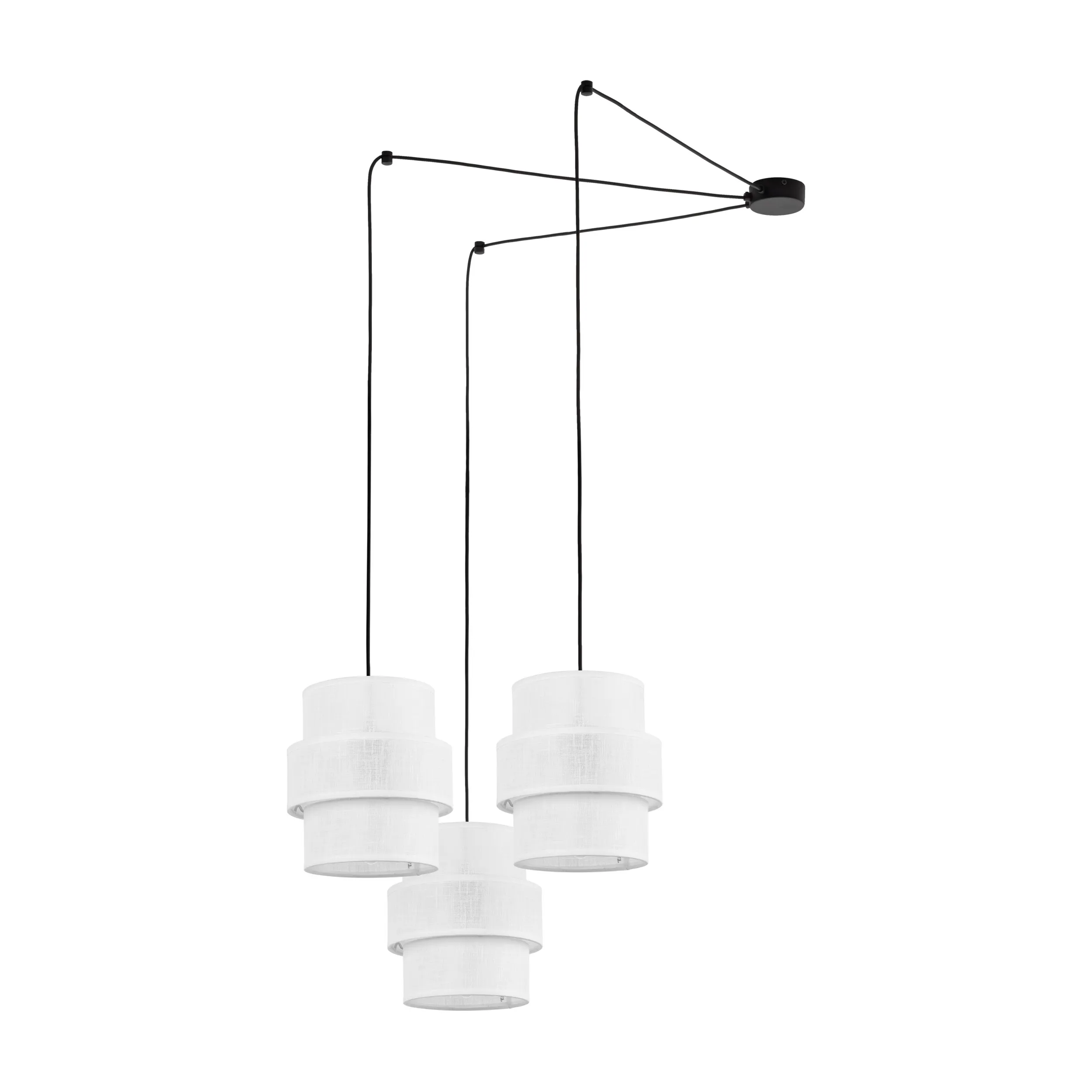 Lampa wisząca CALISTO czarna z białymi kloszami z tkaniny podwieszona dodatkowo 150cm
