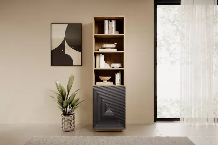 Regał ASHA 50 1D - szary - dąb artisan - ryflowany front - cokół - B_149634