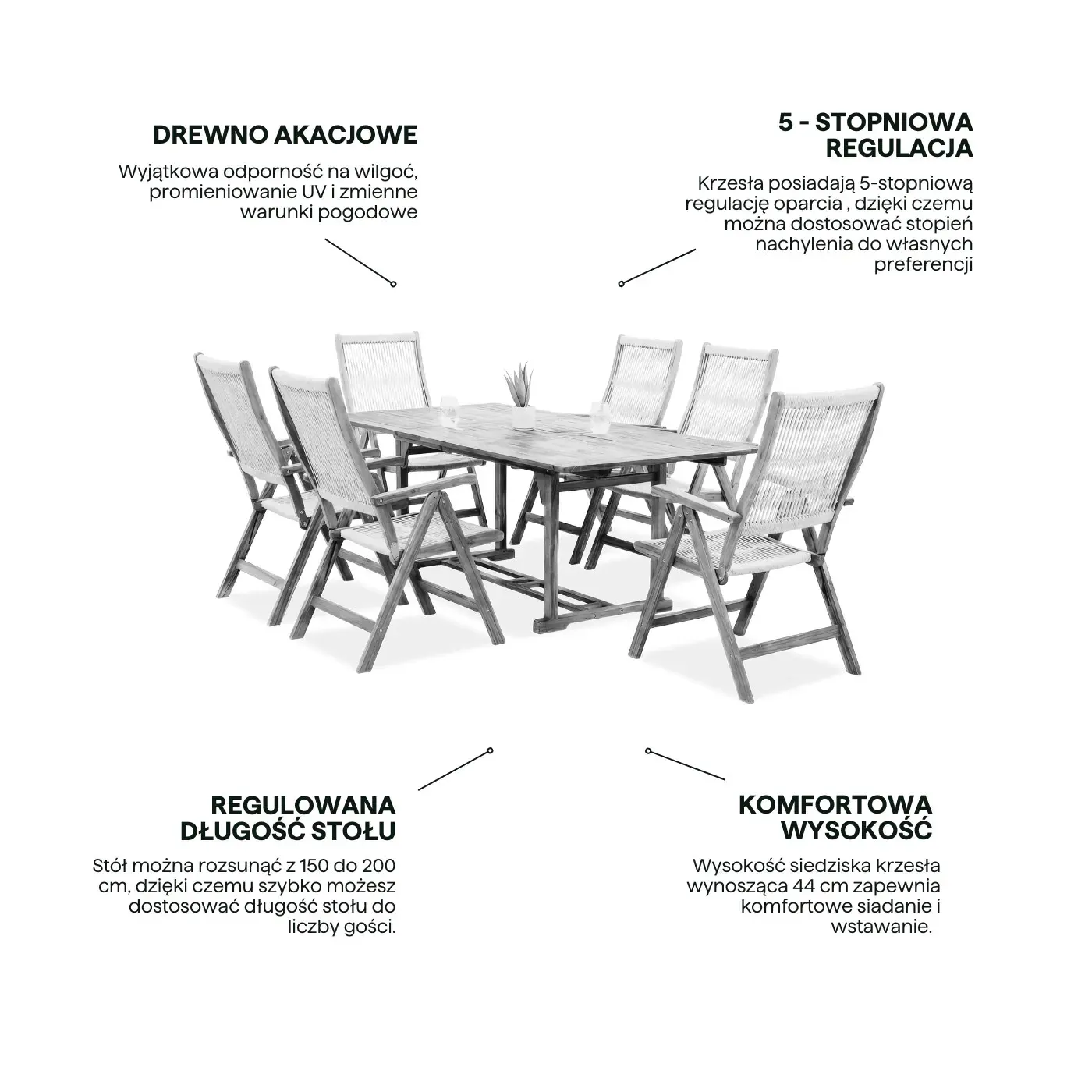 Zestaw ogrodowy AKADIA ROPE DINING stół 150(200)+6 krzeseł z regulacją - FG009253