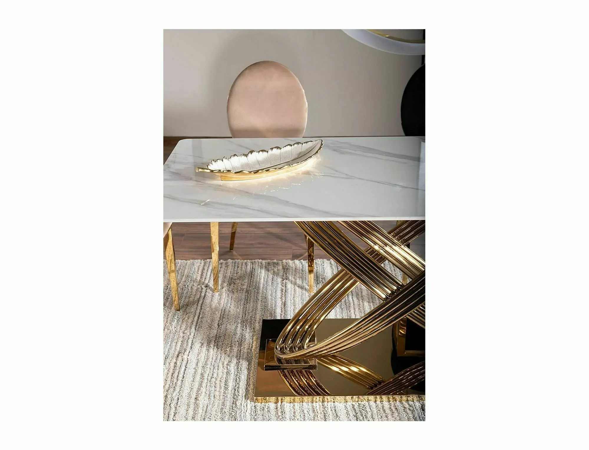 Stół nierozkładany HERMES 90x160 efekt marmuru biały połysk stelaż złoty - HERMESBZL160