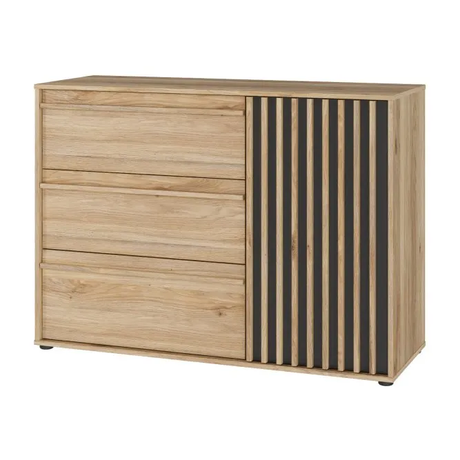 image komoda, drewniana, szuflady, front panel z listwami, kolor naturalny