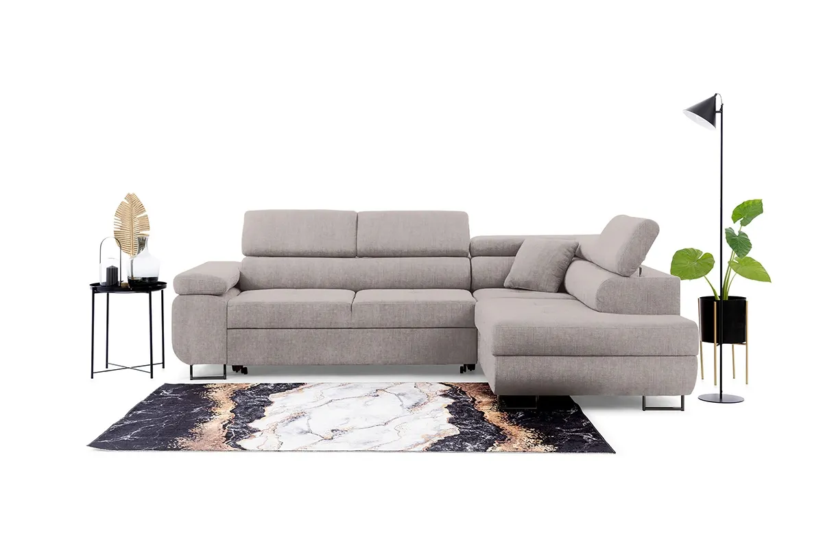 Narożnik prawostronny ANNABELLE L regulowane zagłówki nogi czarne tkanina prawy Maya 01 beżowy - B_165790