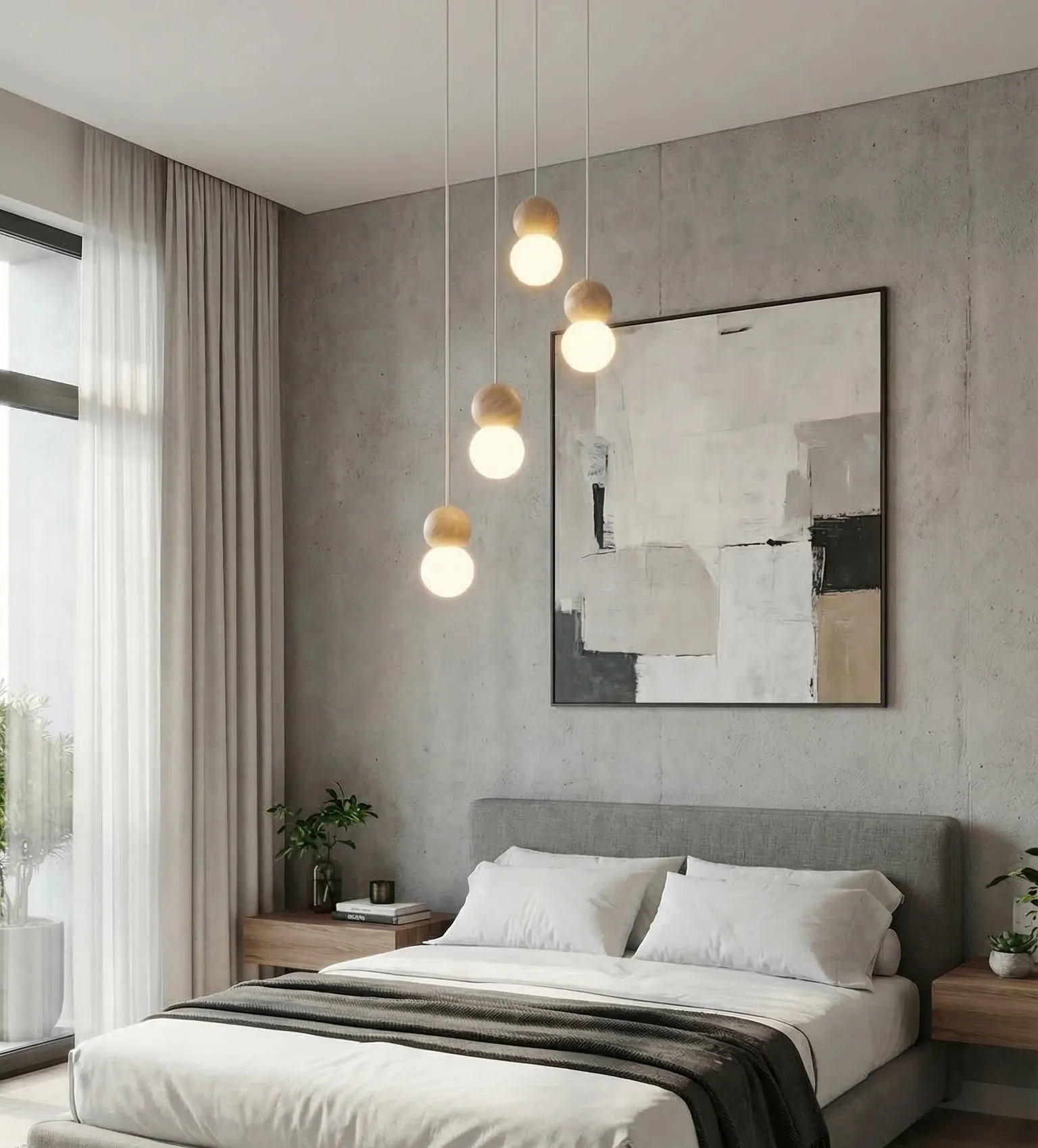 lampy wiszące, kinkiety, sypialnia, obraz abstrakcyjny, szary beton