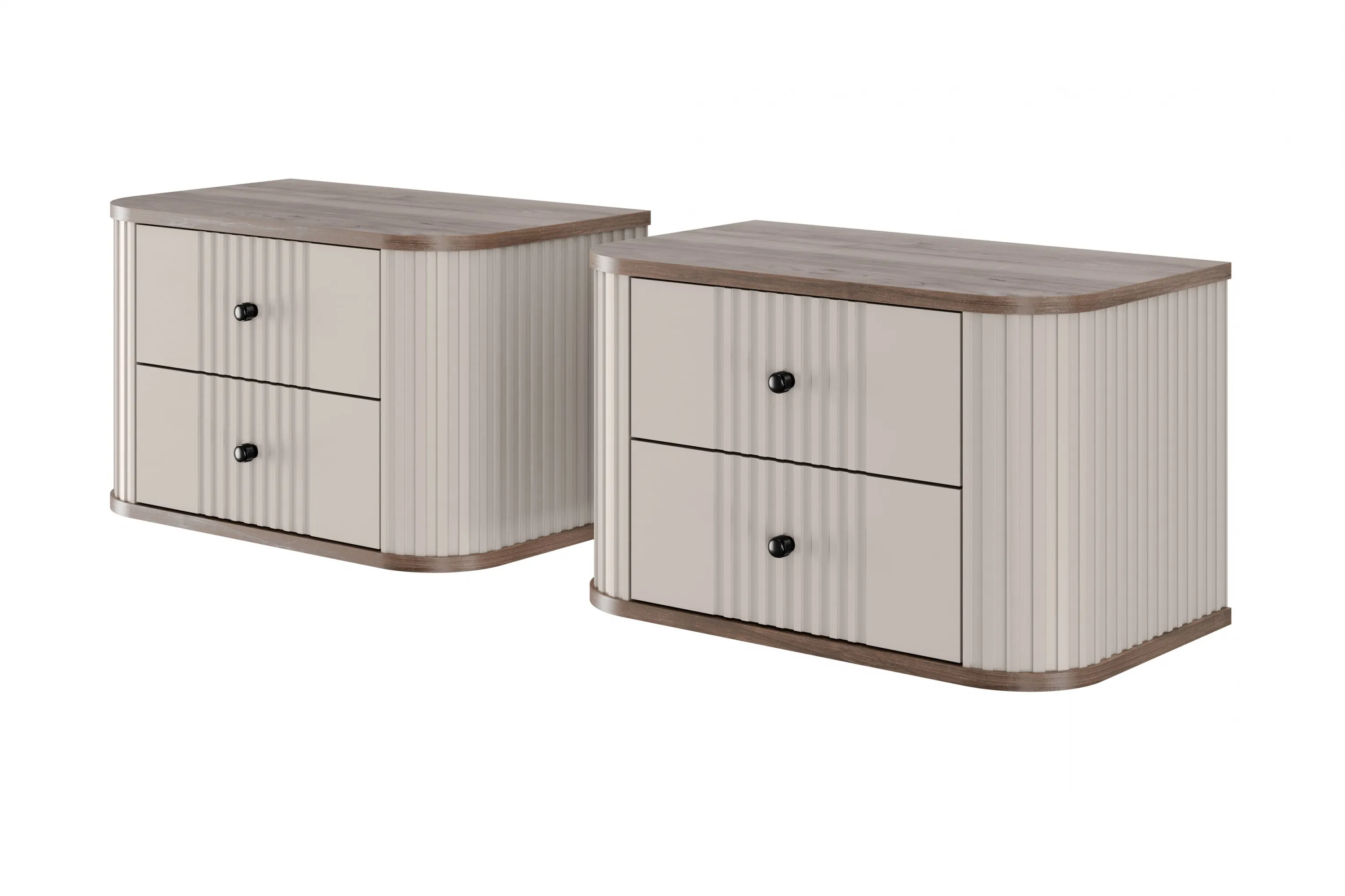 Szafka nocna wisząca z 2 szufladami VESPER 56 zestaw 2 sztuk ryflowany front cashmere orzech czarne uchwyty Meble, Kredens, Szafka, Szuflada, Wanna z hydromasażem