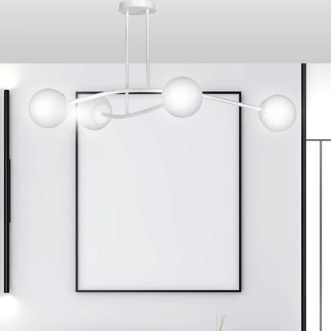 lampa sufitowa, pendant light, biała kula, design nowoczesny, konstrukcja metalowa