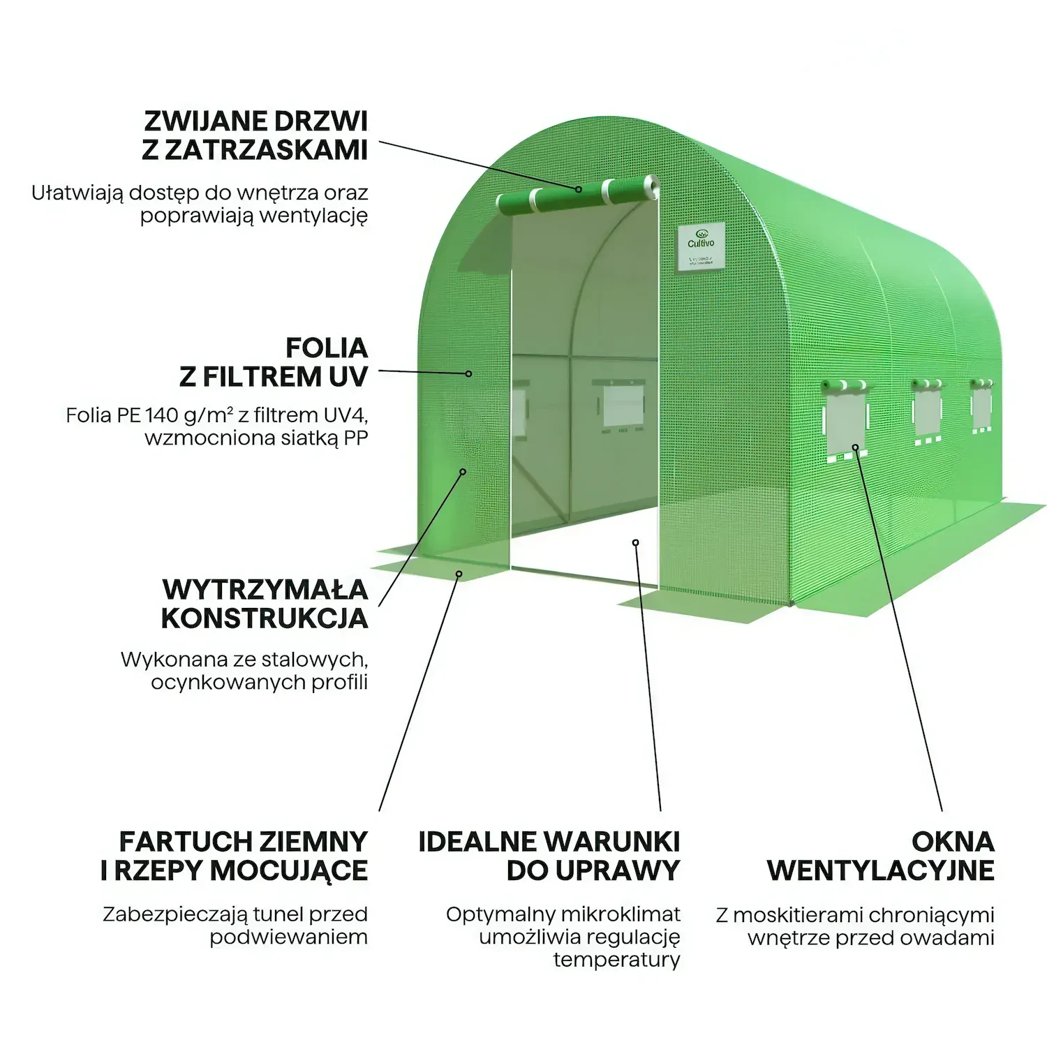 Tunel foliowy CULTIVO 2x3.5x2m (7m2) 3 sekcje zielony - FG001387