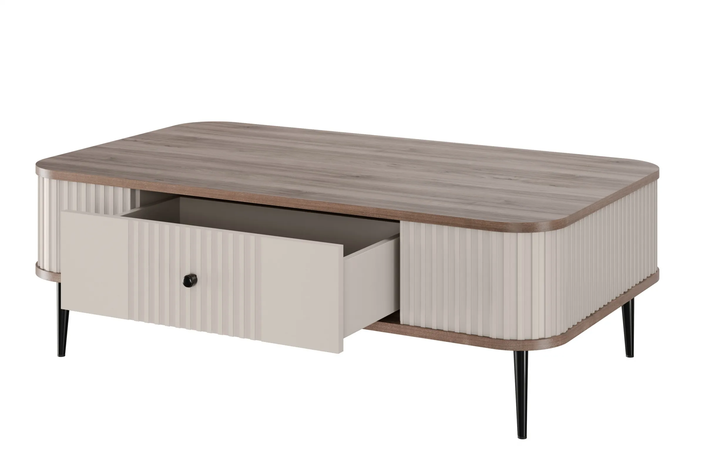 Stolik kawowy z szufladą VESPER 103 ryflowany front cashmere orzech czarne nogi - B_163809