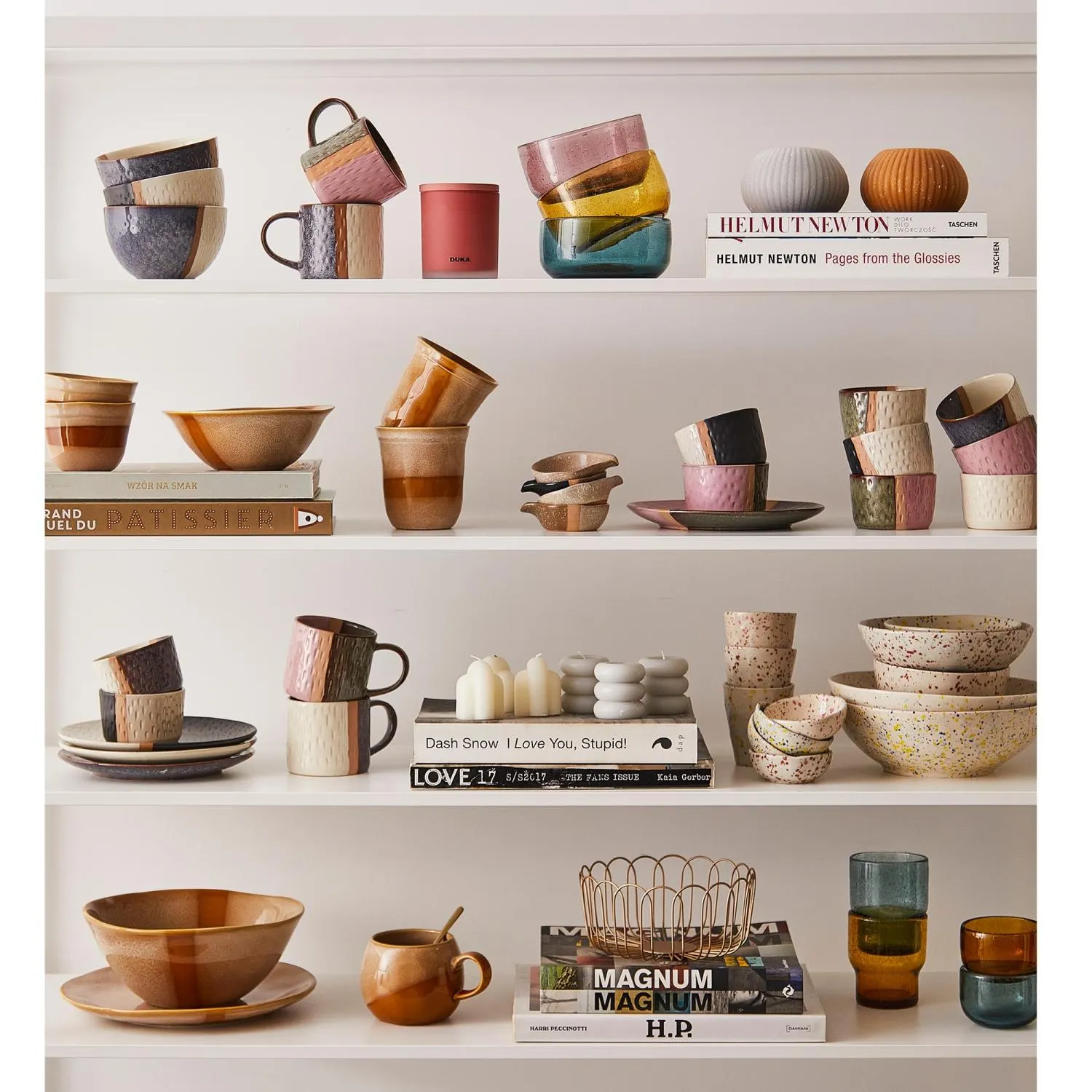 ceramic bowls, mugs, plates, colorful tableware, shelf decor