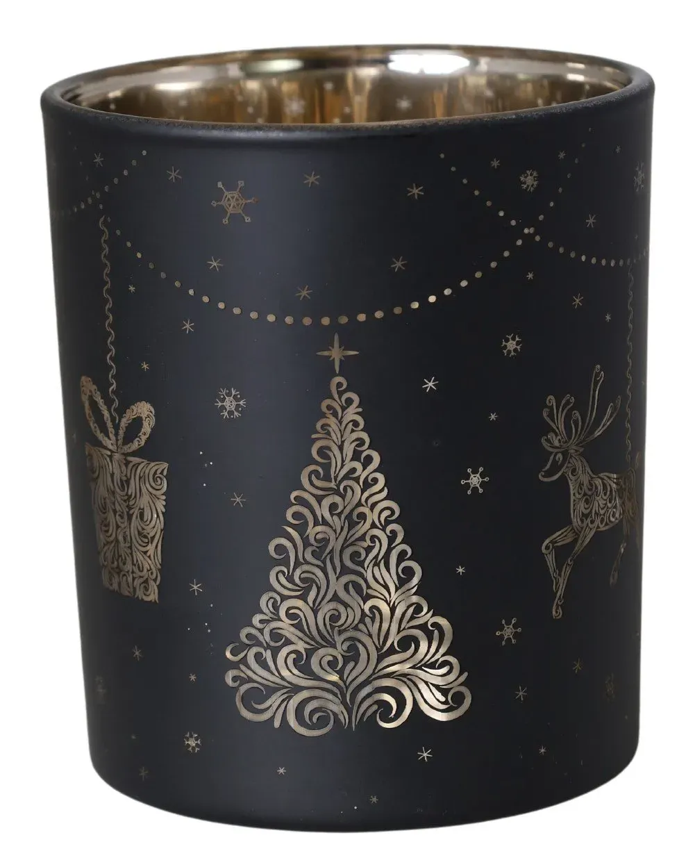 ŚWIECZNIK szklany Z CHOINKAMI mały czarny ŚWIECZNIK szklany Z CHOINKAMI mały czarny