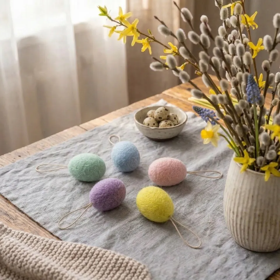 wielkanocny, ozdoba, fioletowy, palmowy, filcowane kuleczki