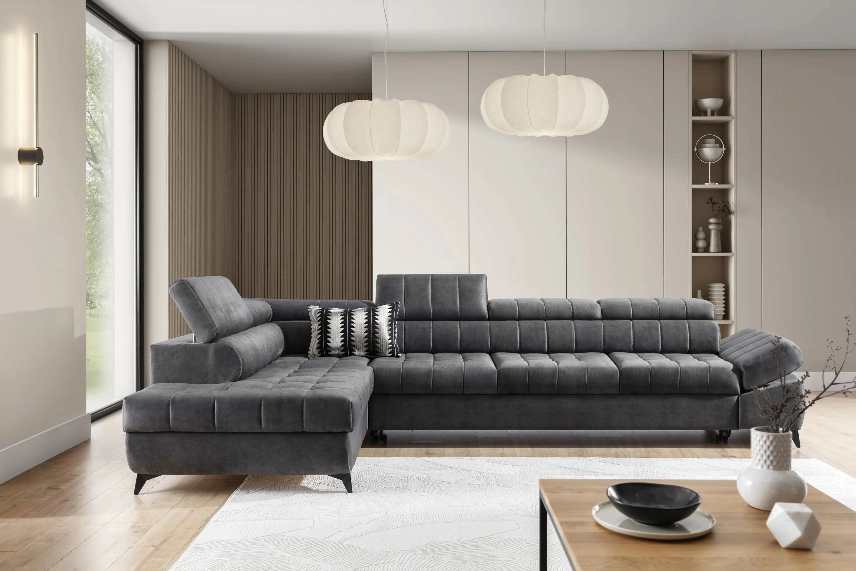 Narożnik lewostronny VALORIS MAXI regulowane zagłówki i podłokietniki tkanina Zeta 305 beżowy - B_168598