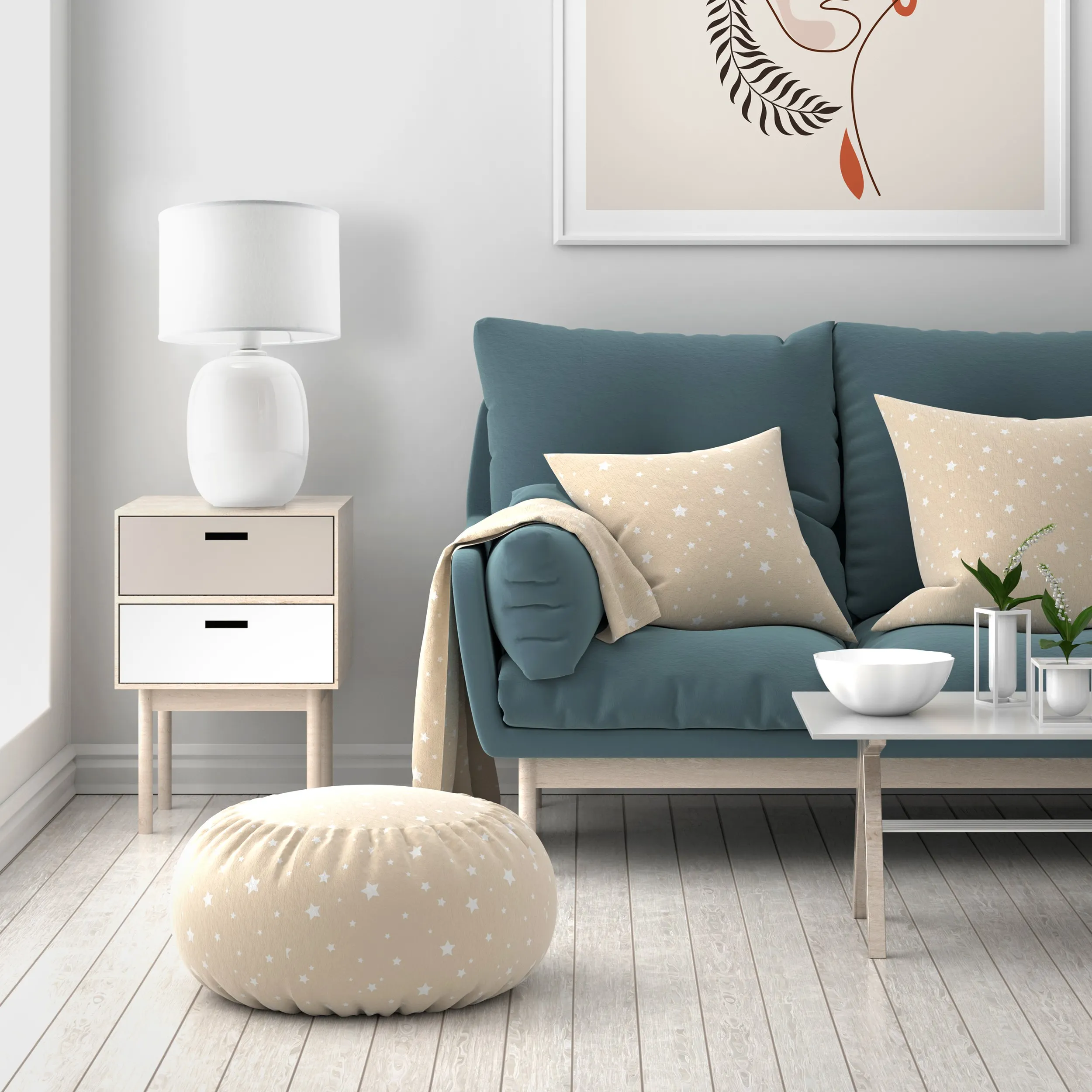 Lampka nocna MELODY biała szklana podstawa okrągły abażur z tkaniny 48x30cm - TK_5985