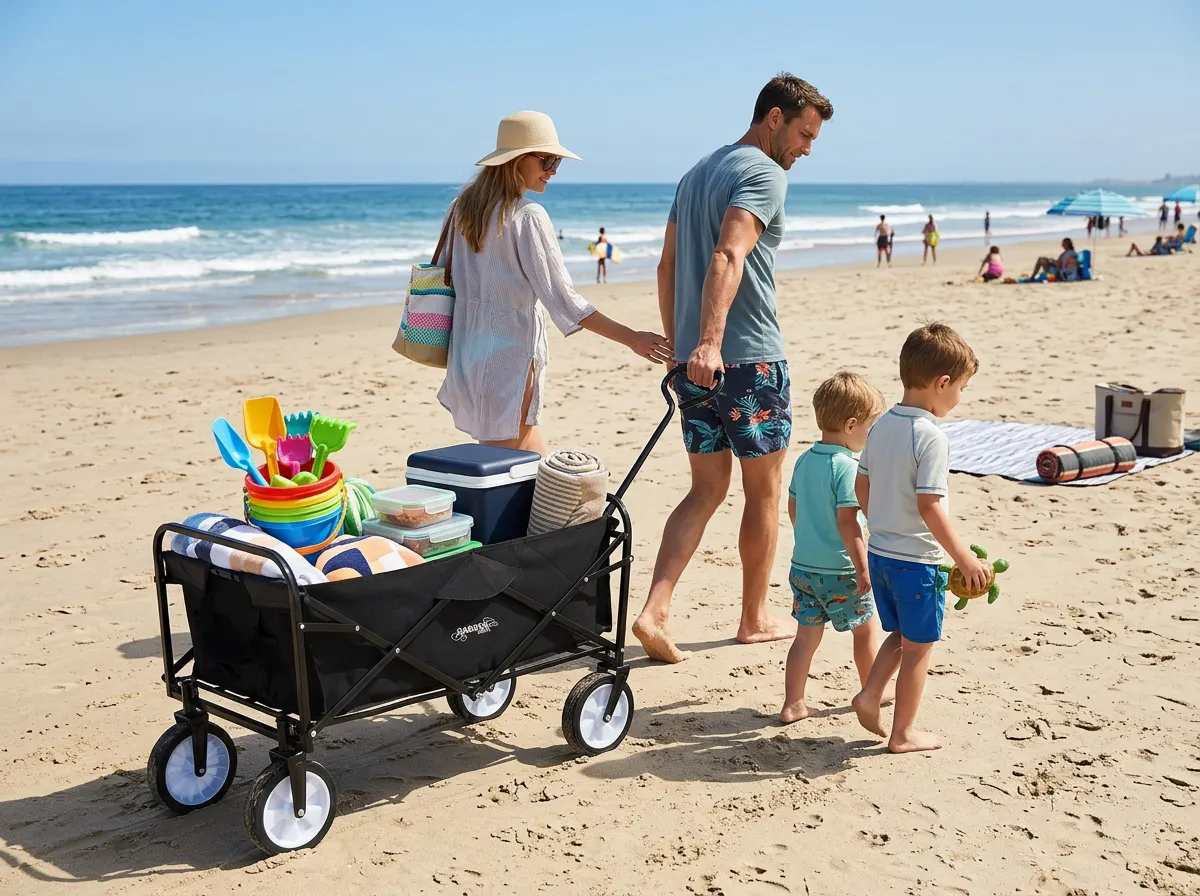 wagony plażowe, wagon plażowy, sprzęt plażowy, kosz na plażę, torba i zabawki