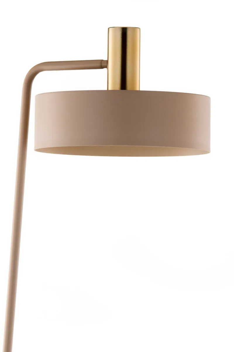 image lampa stojąca, lampa podłogowa, metaliczna, nóżka złota, klosz beżowy