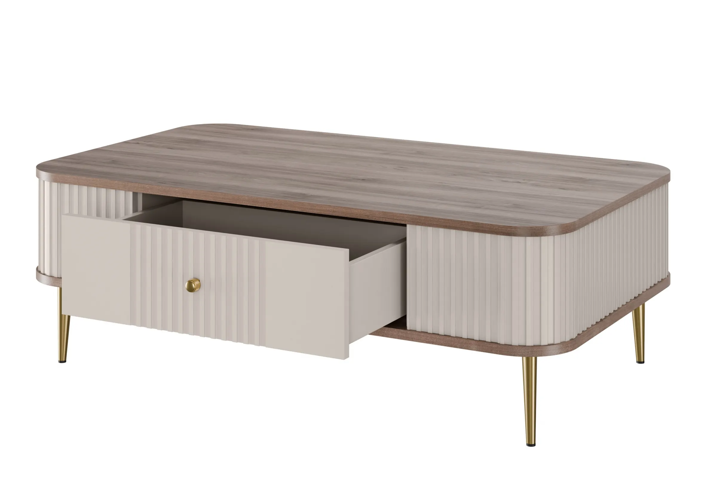 Stolik kawowy z szufladą VESPER 103 ryflowany front cashmere orzech złote nogi - B_163807