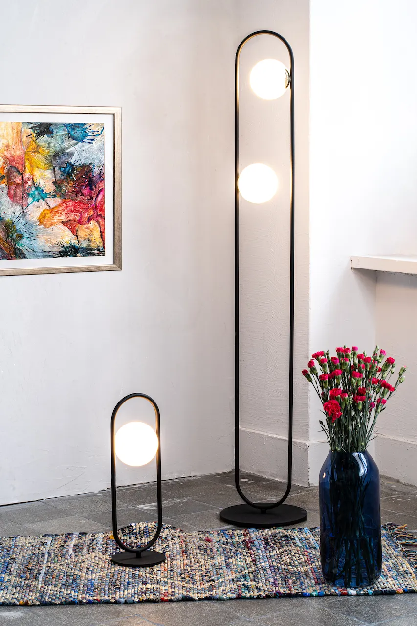 Lampa stojąca SALERNO metalowa czarna mosiądz białe okrągłe klosze 113x15cm - 8038