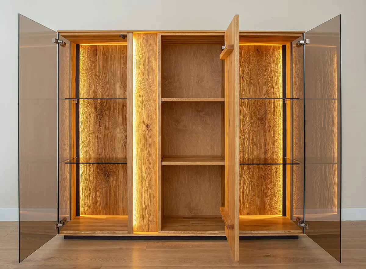 Witryna niska szklana dębowa COLLODI z oświetleniem - dąb olejowany - ZICOL13